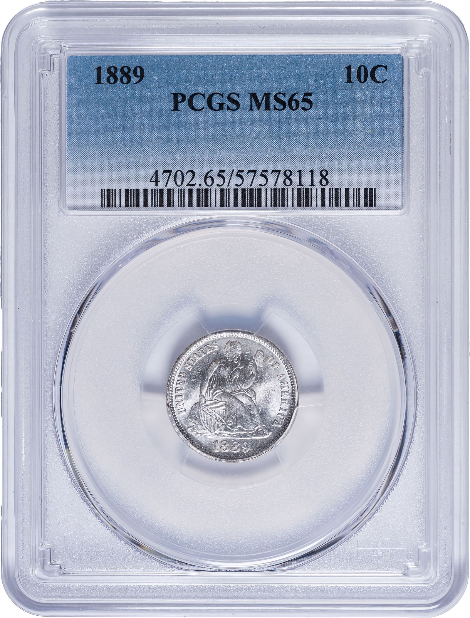 PCGS MS-65 1889 Seated Dime: A blast white Gem. We don't know if we�ve ever seen a more flashy seated dime.