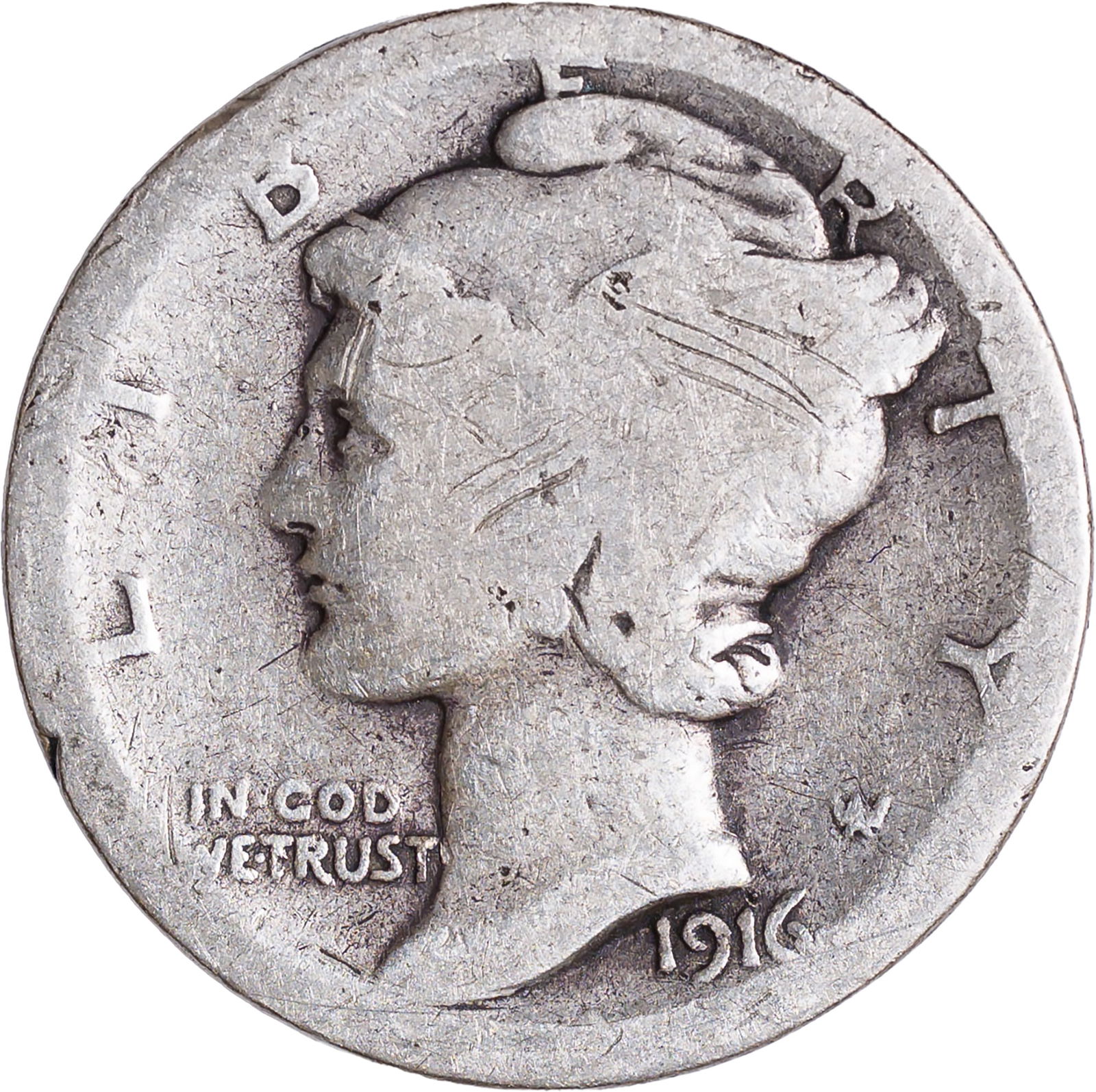AG-3 1916-D Mercury Dime: Shows some short old obverse scratches.