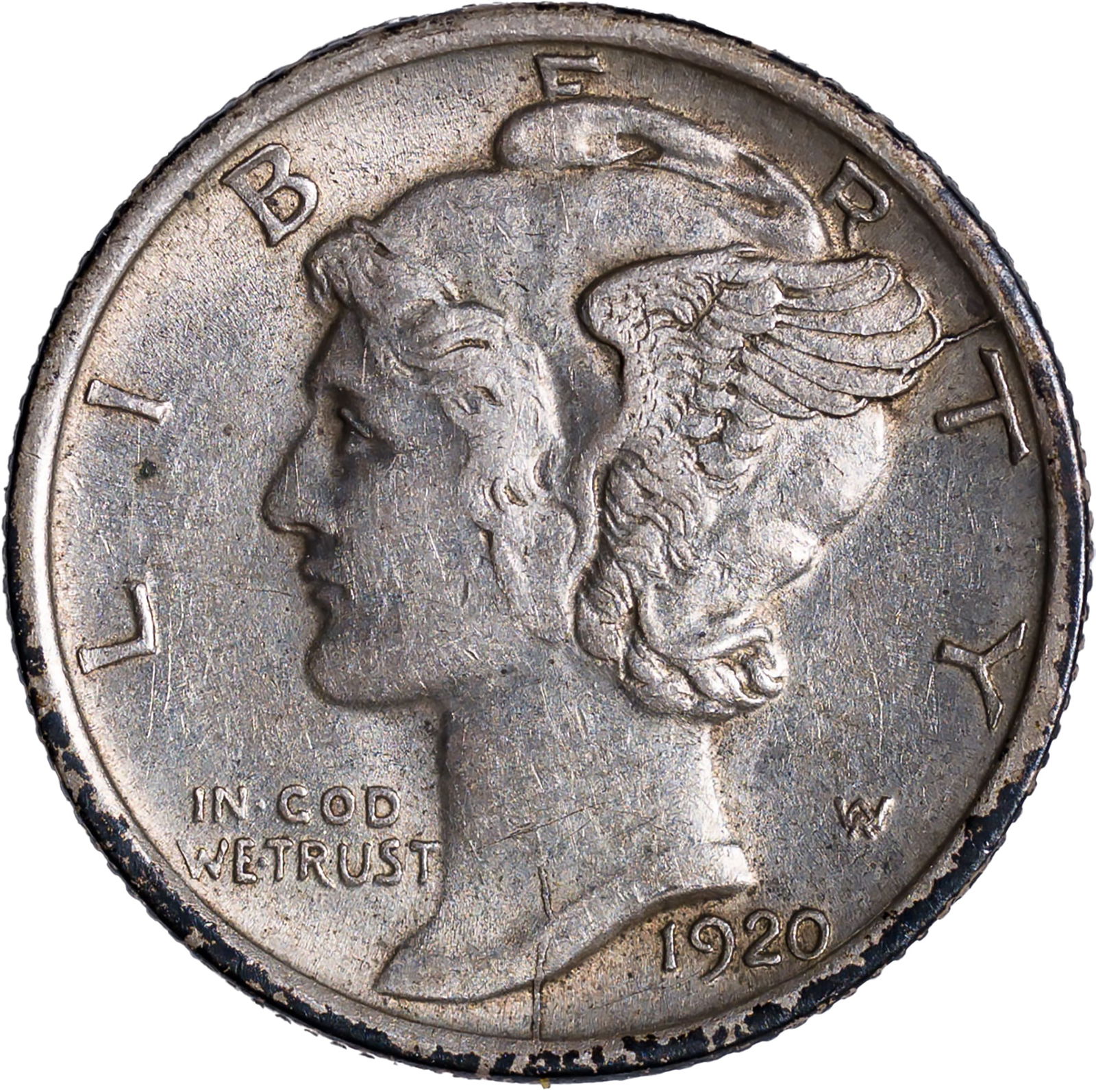 AU-58 1920-D Mercury Die: Lustrous and original.