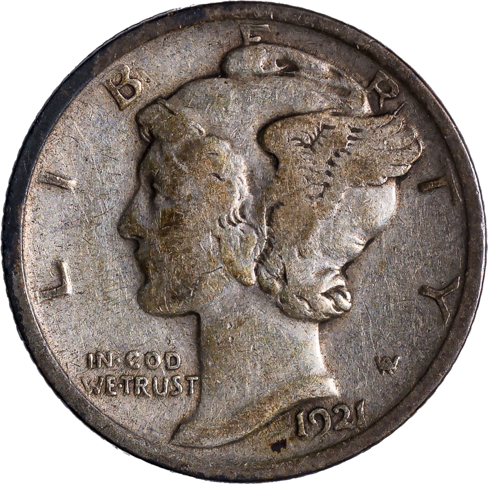 F-12 1921 Mercury Dime: Original with a couple of reverse toning spots.