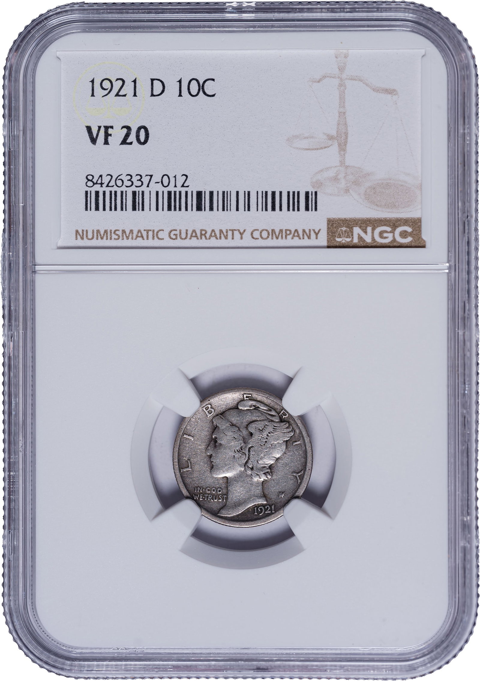 NGC VF-20 1921-D Mercury Dime: Full rims, solid details, and mark-free surfaces. You'll be hard-pressed to find a better example of the date at the given grade.