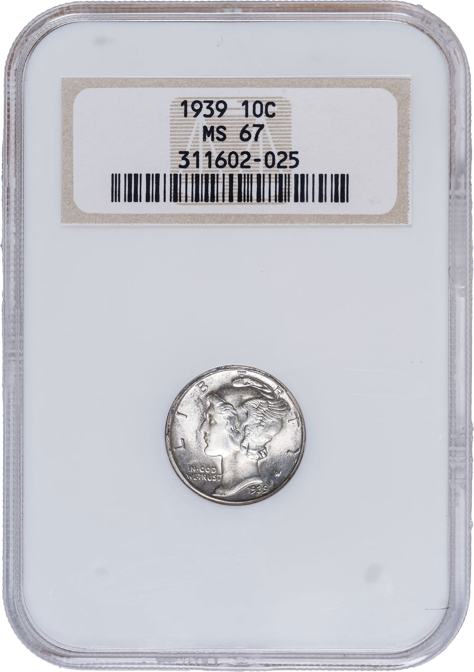 NGC MS-67 1939 Mercury Dime: Frosty and brilliant with a trace of golden toning. In an old-style NGC "Fatty" holder.