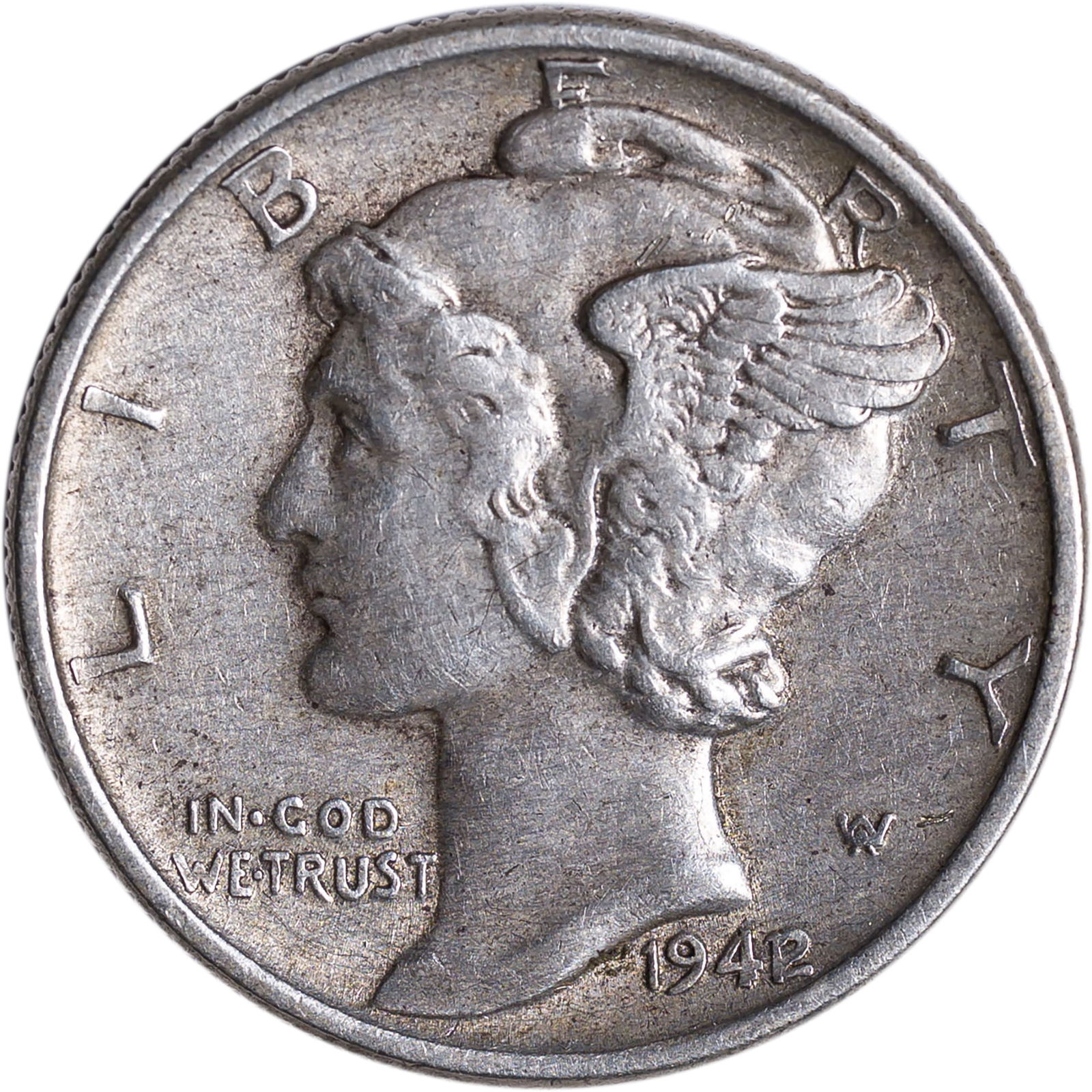 EF-45 Details 1942/1 Mercury Dime: Lightly cleaned long ago.