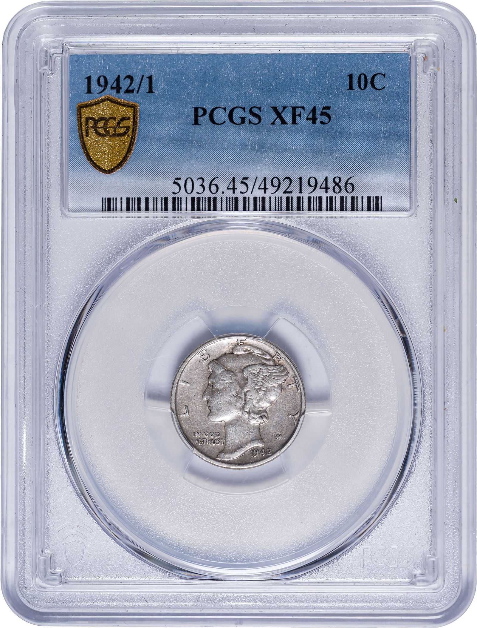 PCGS EF-45 1942/1 Overdate Mercury Dime: Attractive steel-gray surfaces, openly choice and problem-free.