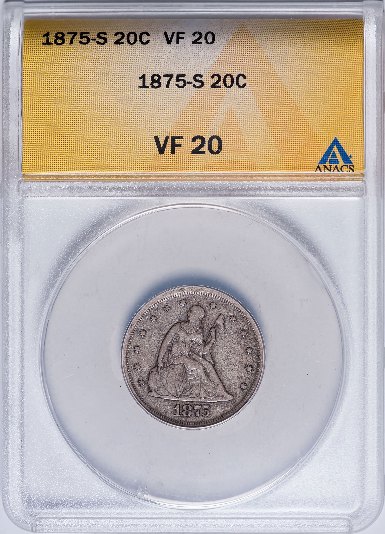 ANACS VF-20 1875-S Twenty Cents: A nice original example of this scarce denomination.