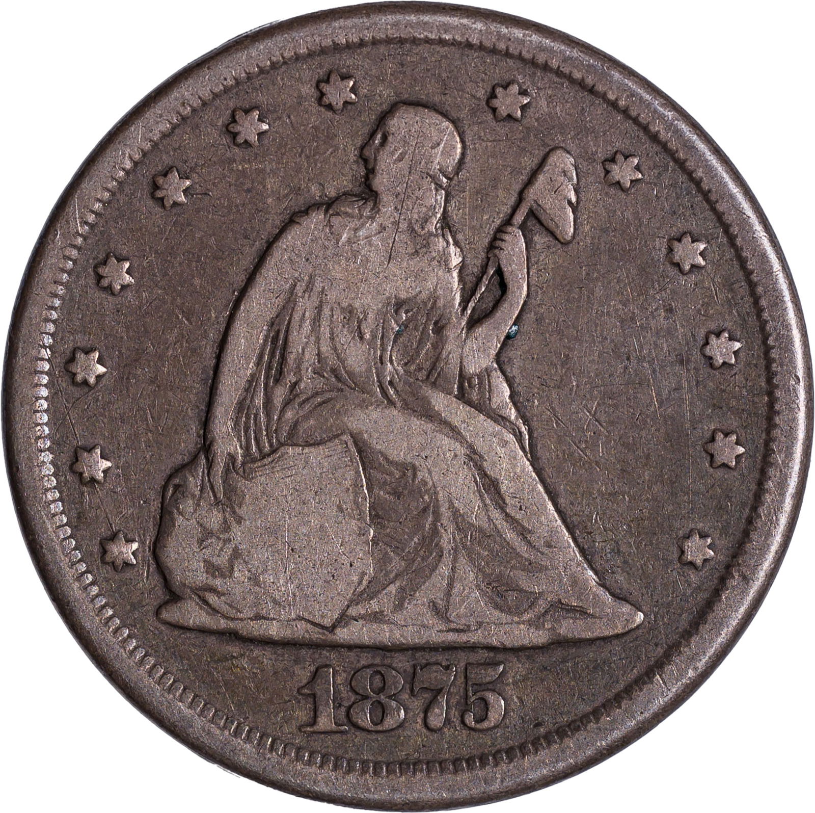 F-12 1875-CC Twenty Cents: Original and problem free.