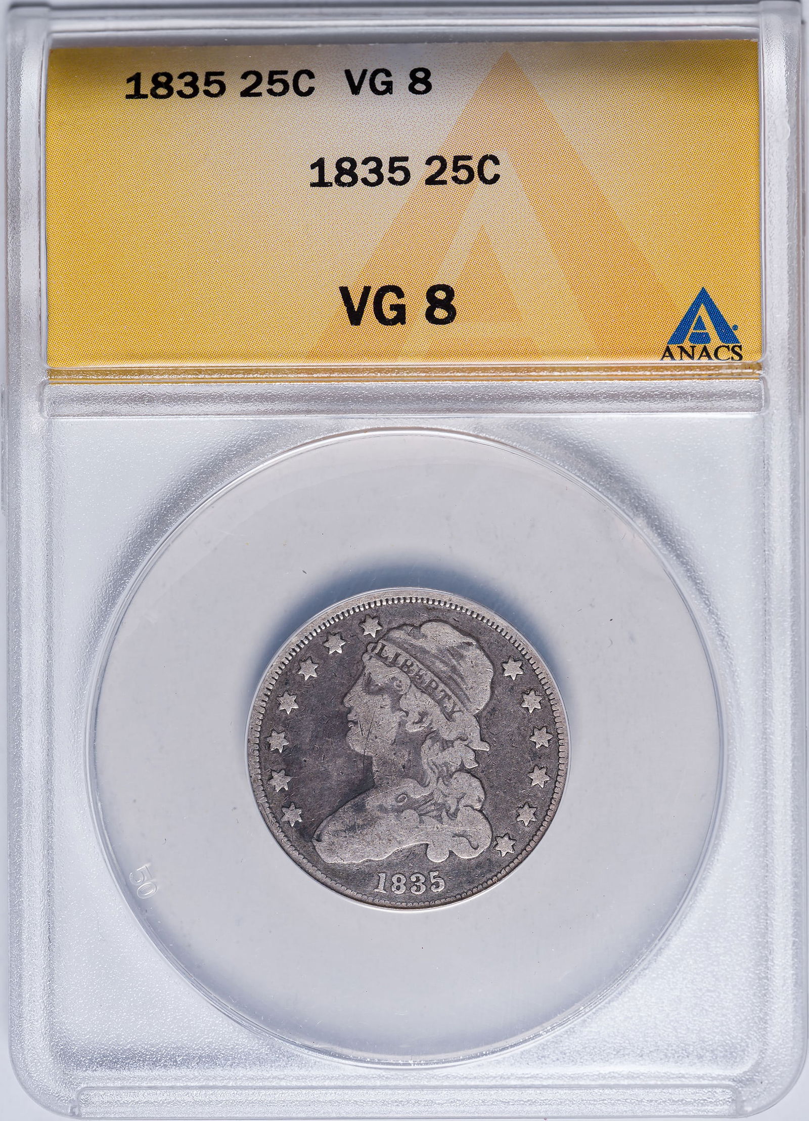 ANACS VG-8 1835 Bust Quarter: Original with light to medium silver-grey color.