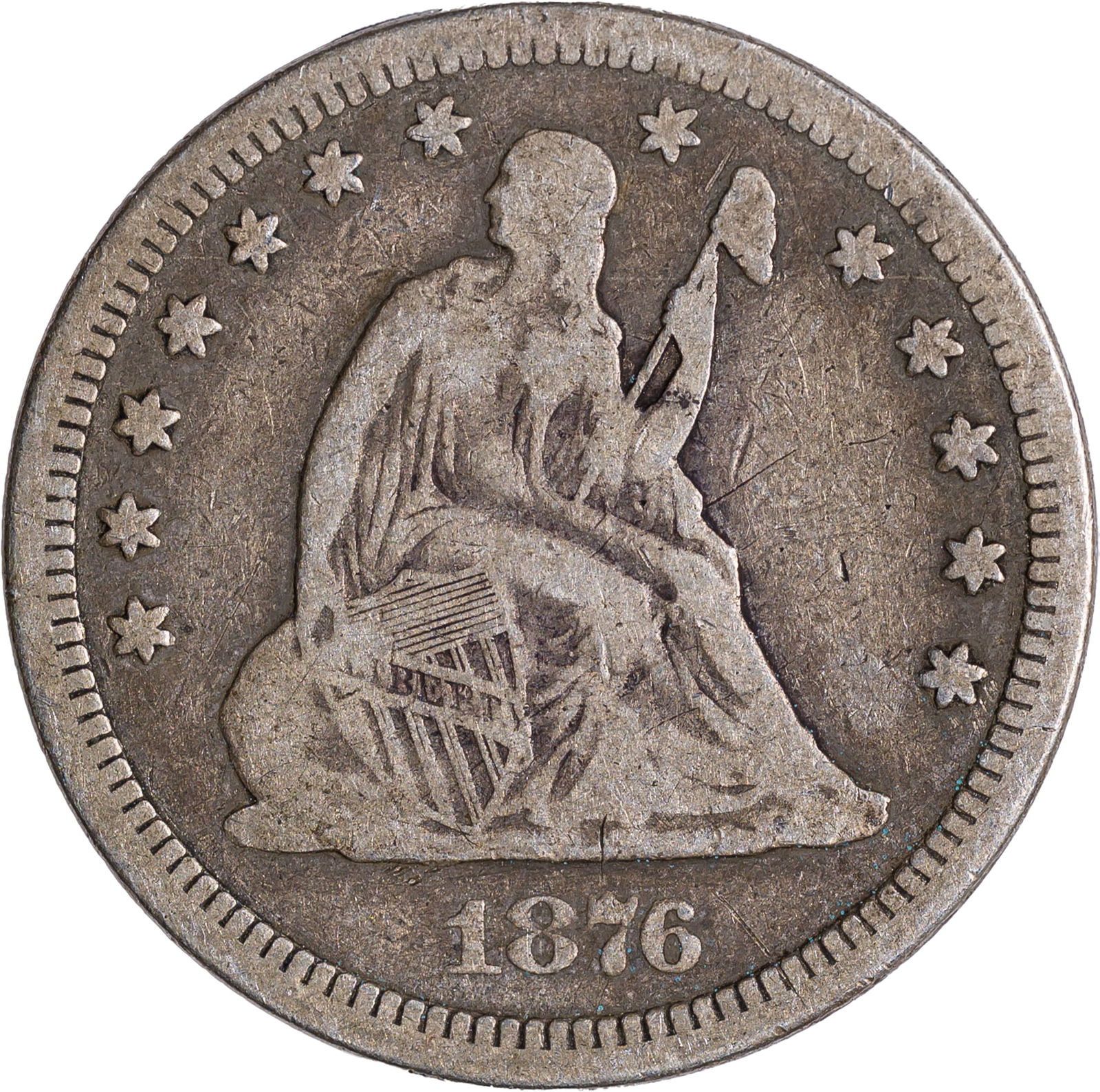 F-12 1876-CC Seated Quarter: Original with light to medium silver-grey color.
