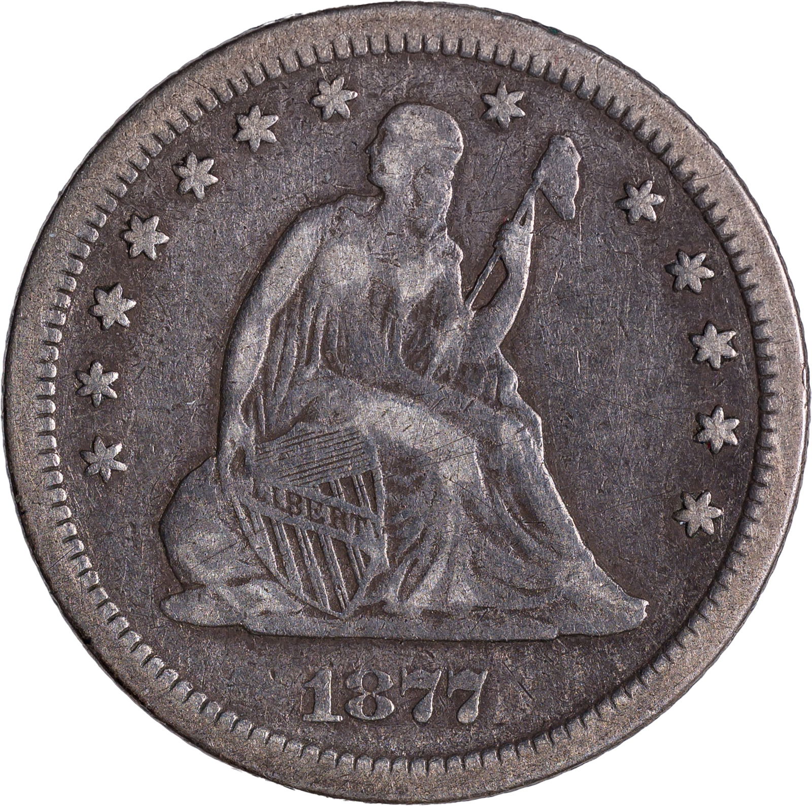 F-VF-15 1877-CC Seated Quarter: A nice example of this ever popular branch mint issue.