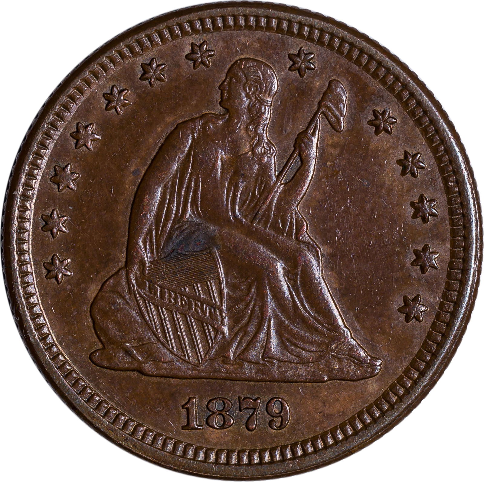 BU-60 Details 1879 Seated Quarter: Shows an obverse spot. Has a very coppery color and was perhaps plated long ago.