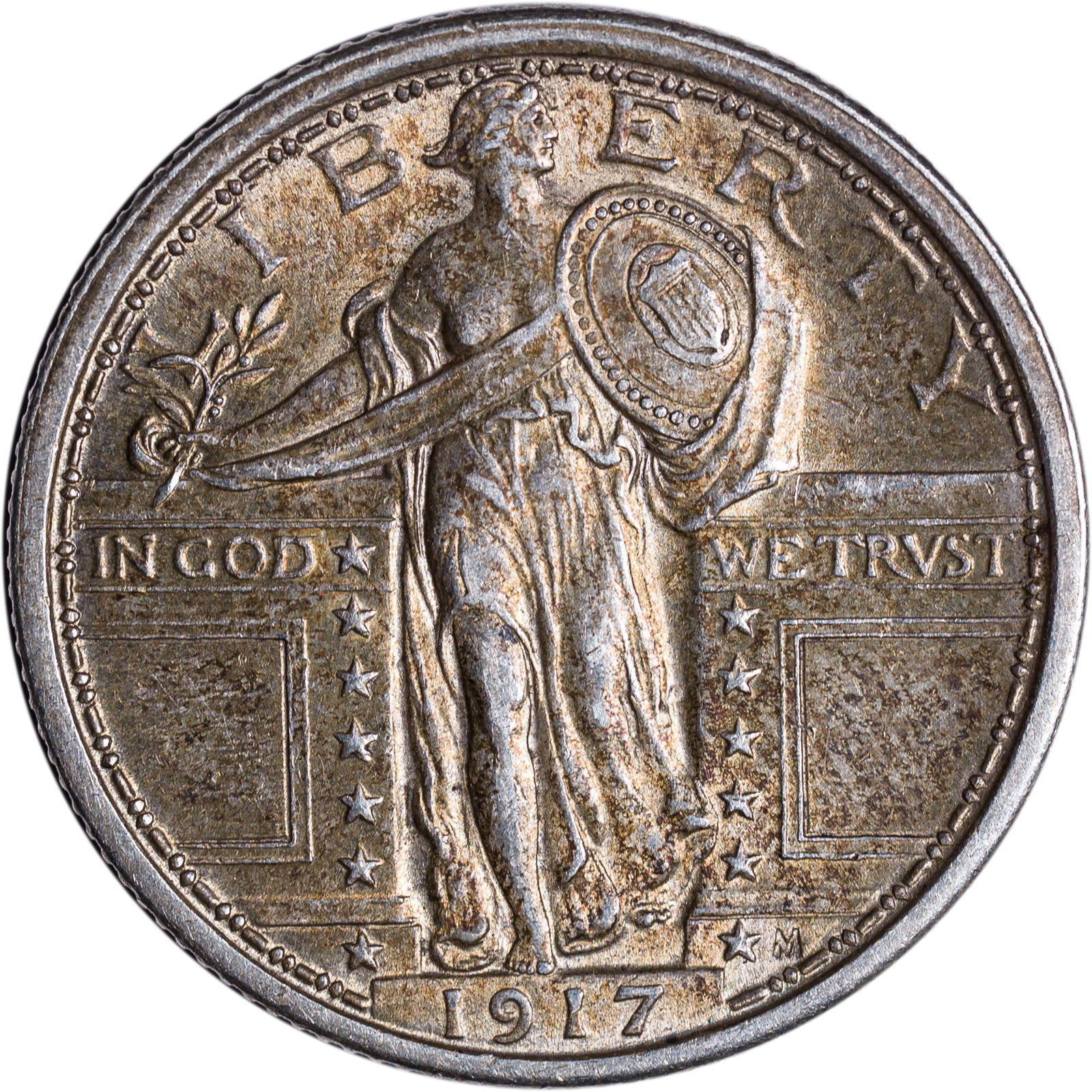 Borderline UNC-58 1917 TI Standing Lib Quarter: An attractive, original golden toned example.