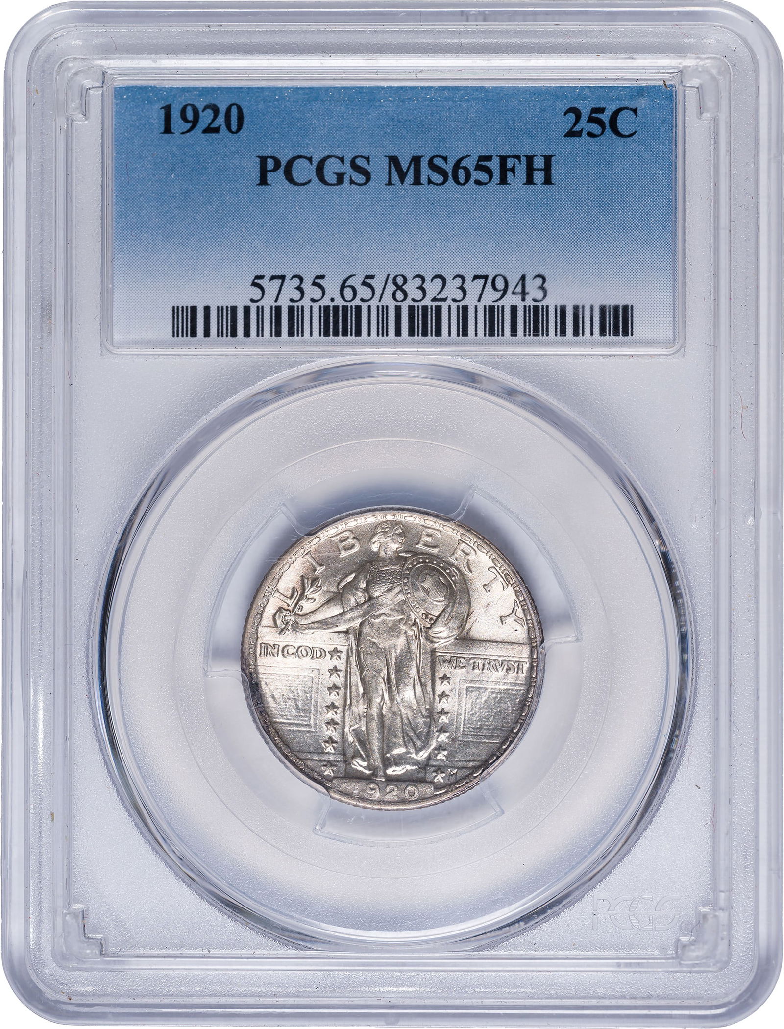 PCGS MS-65 FH 1920 Standing LibertyQuarter: Sharp, brilliant, and delightfully lustrous with a pale champagne-gold sheen throughout. Lovely!