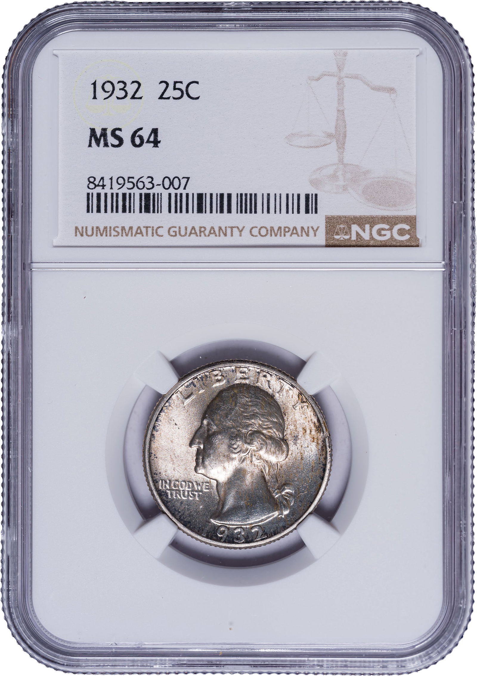 NGC MS-64 1932 Washington Quarter: Sharp and brilliant with a trace of golden toning. Originally intended as a one-year-only commemorative issue.