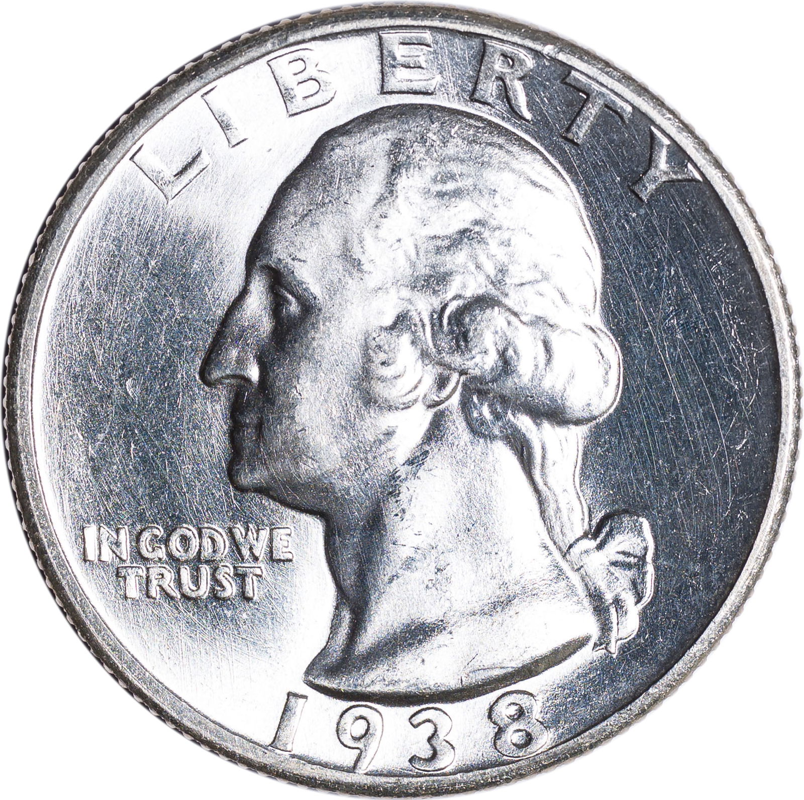 Choice BU-63 1938-S Washington Quarter: Fully brilliant and intensely lustrous.