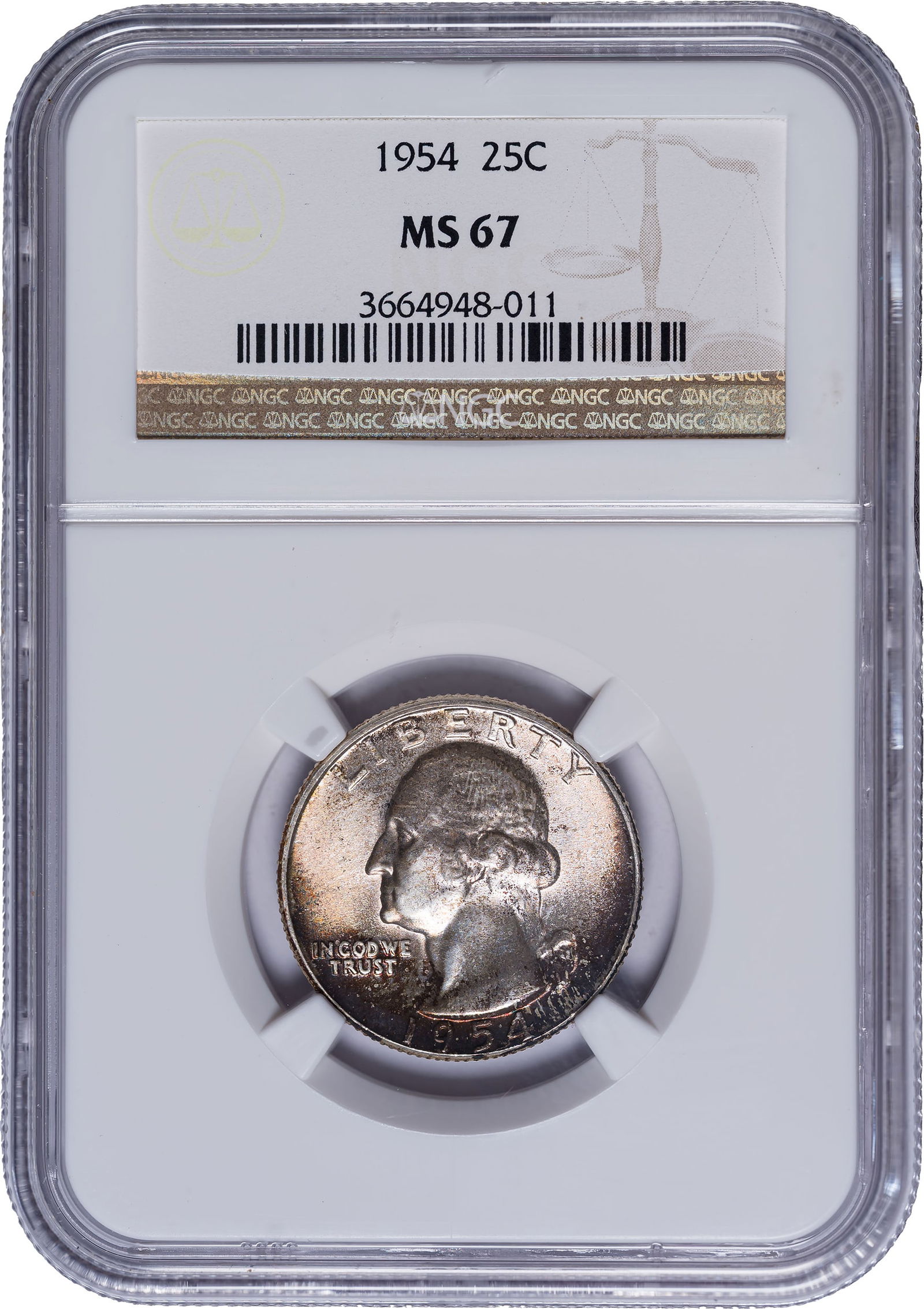 NGC MS-67 1954 Washington Quarter: A bright and lustrous Gem with rich toning highlights at the rims.