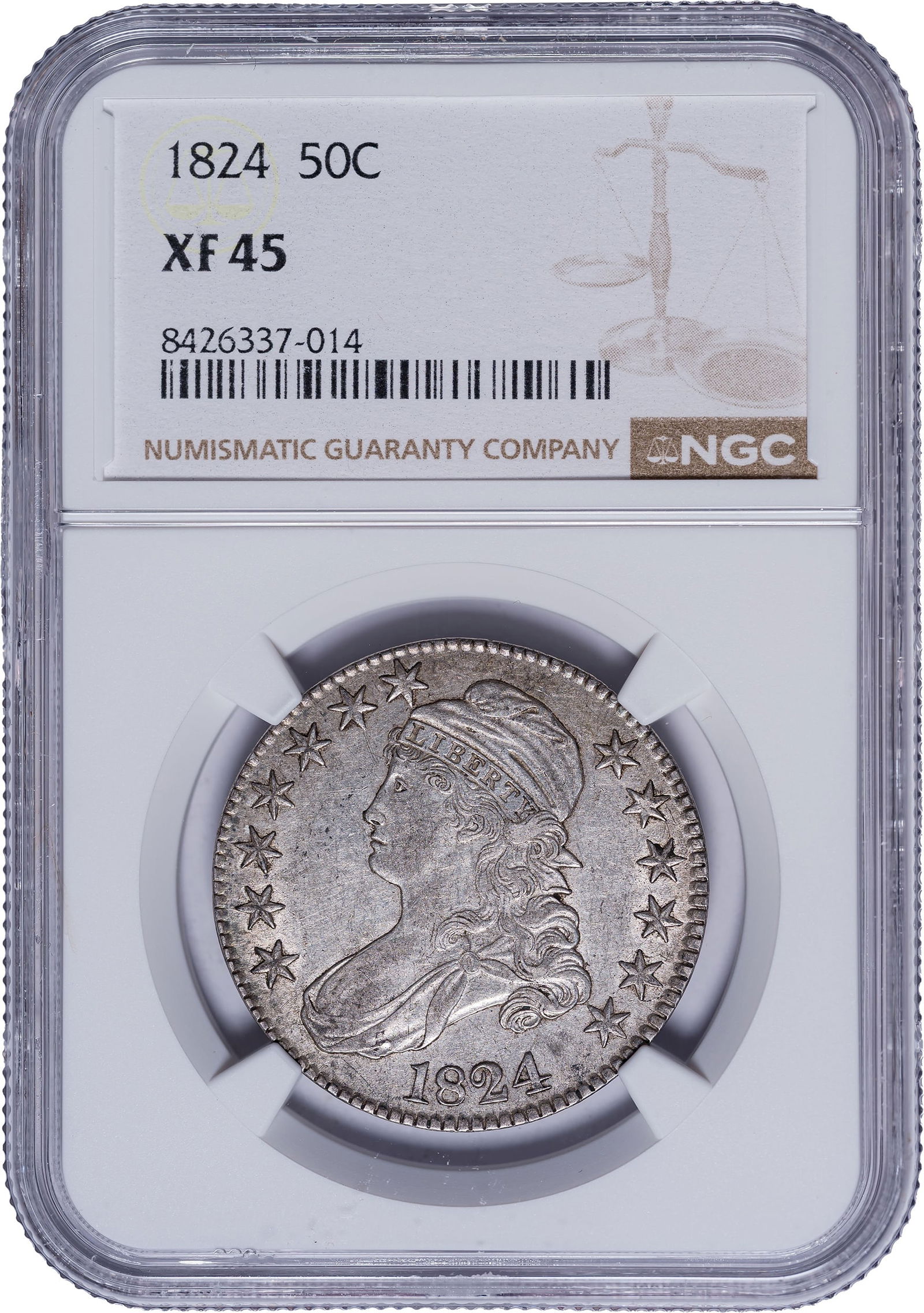 NGC EF-45 1824 Half Dollar: Silver-gray surfaces offer a mark-free zone, and plenty of underlying luster is present.