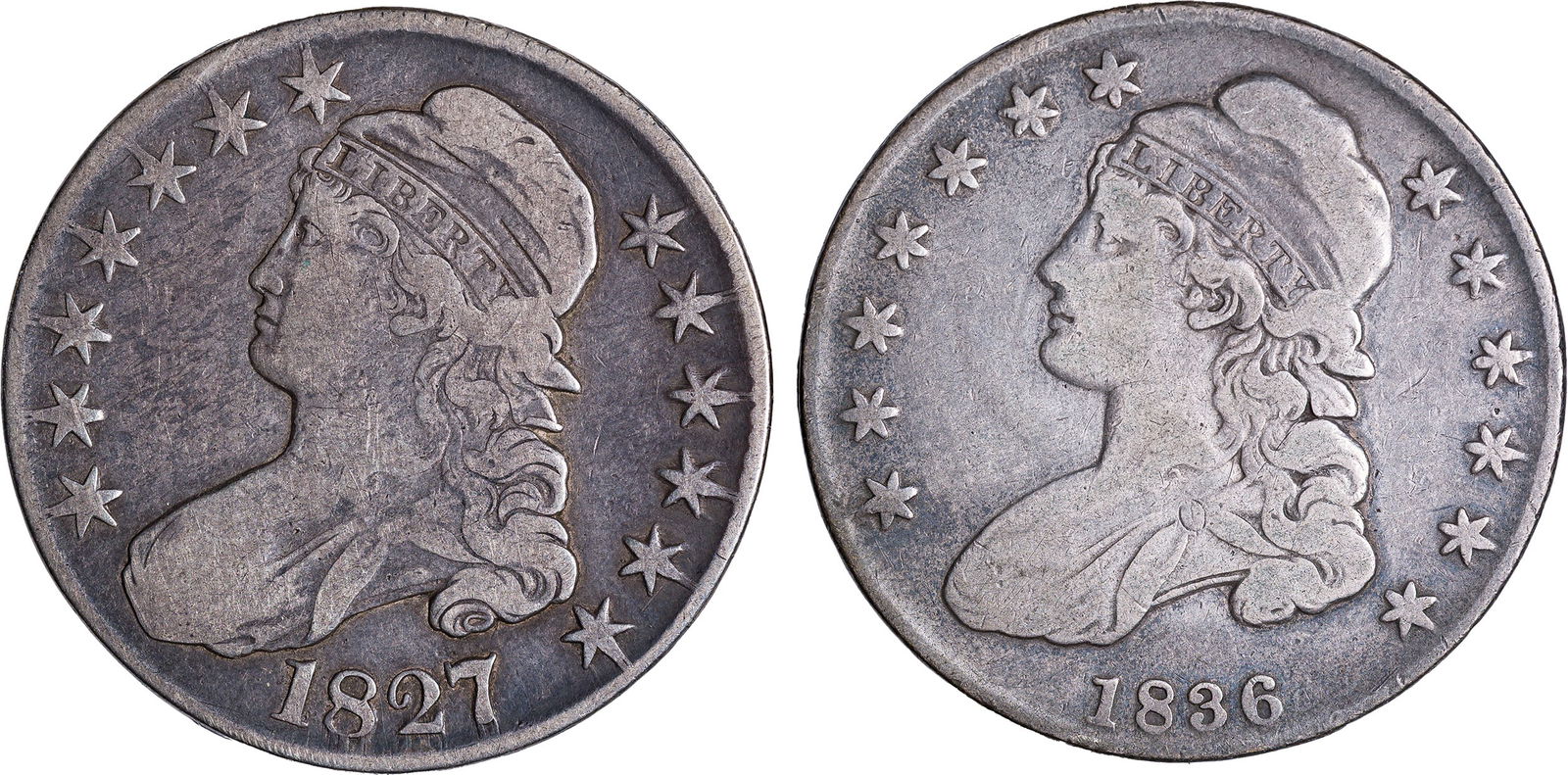 F-12 1827 & 1836 Bust Half Dollar Pair: A nice problem free F-12 duo. (Total: 2 pcs)