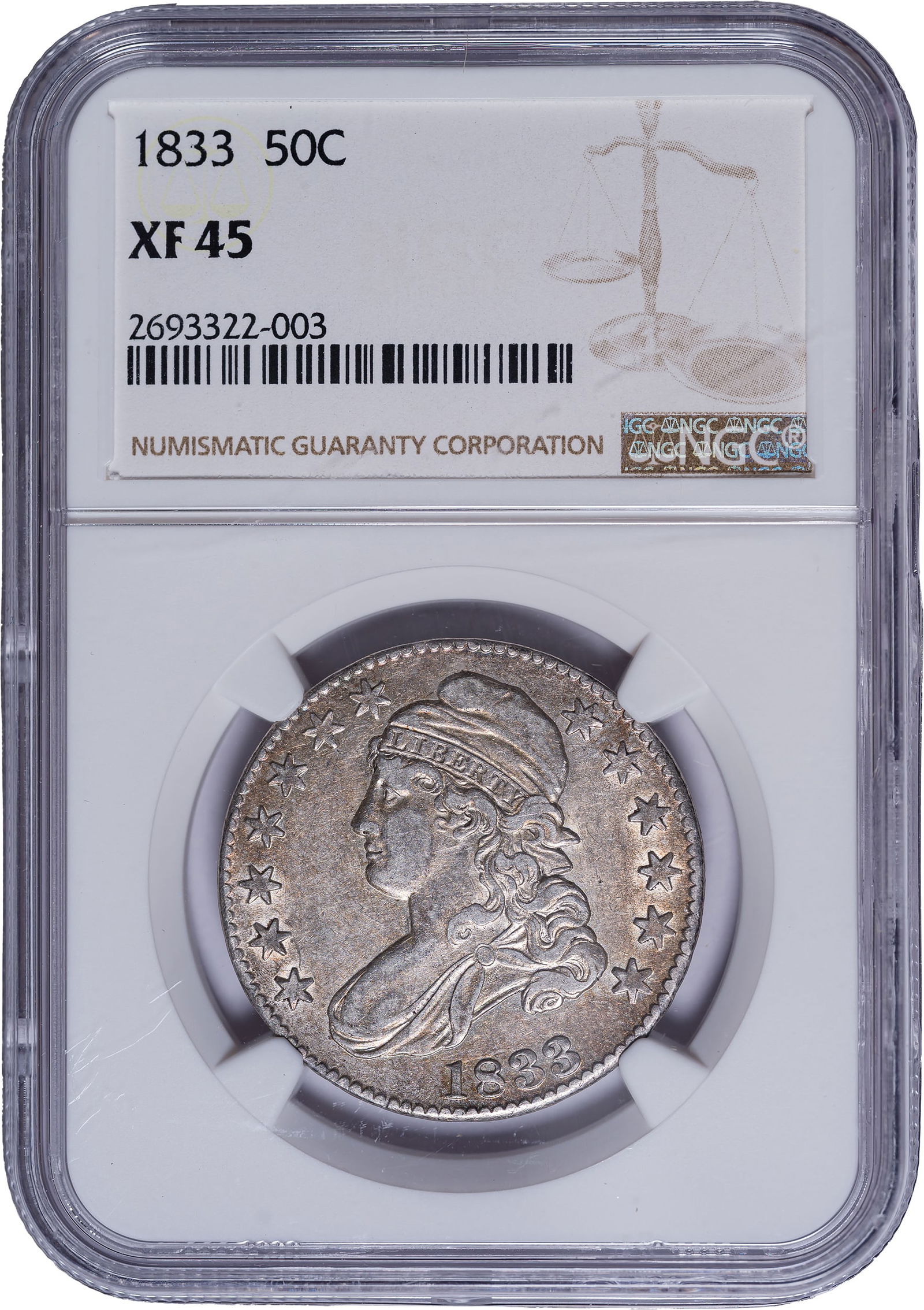 NGC EF-45 1833 Bust Half Dollar: Lively retained luster engages the protected design areas. Pale golden-gray throughout. Nice!