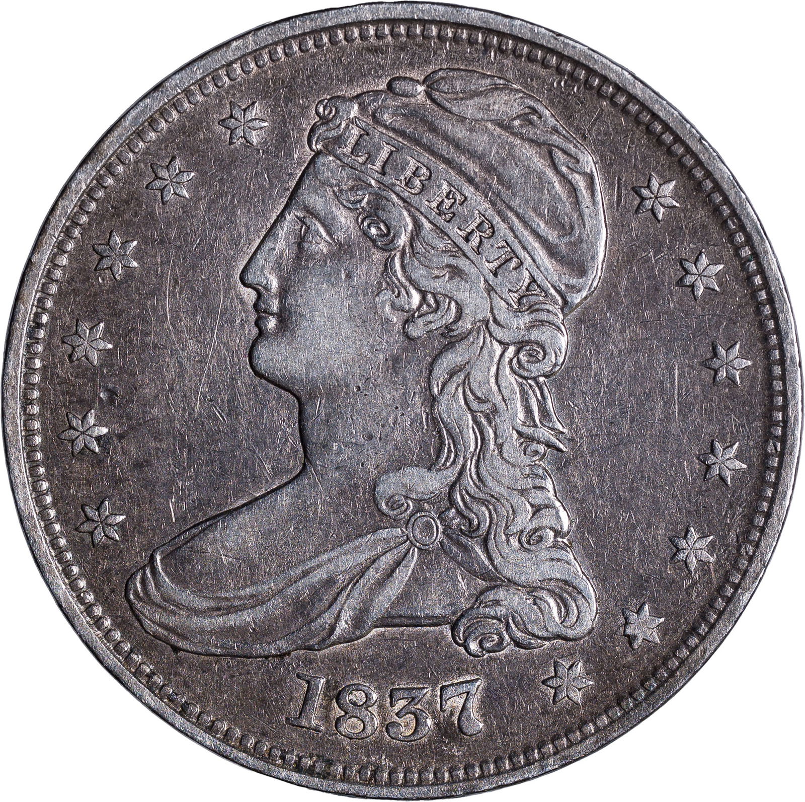 EF-40 1837 Reeded Edge Half Dollar: Original with a minor hairline scratch or two.