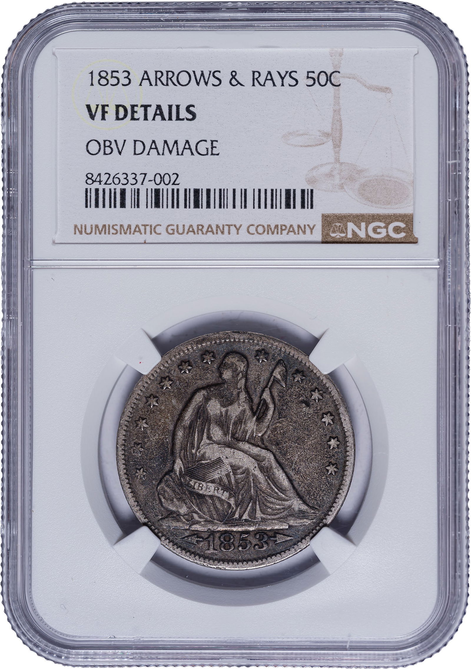 NGC VF Details 1853 Arrows & Rays Half Dollar: Obverse Damage. Deep steel-gray with lighter high points. The "Obverse Damage" is nothing more than a tiny dig in the field below star 10.