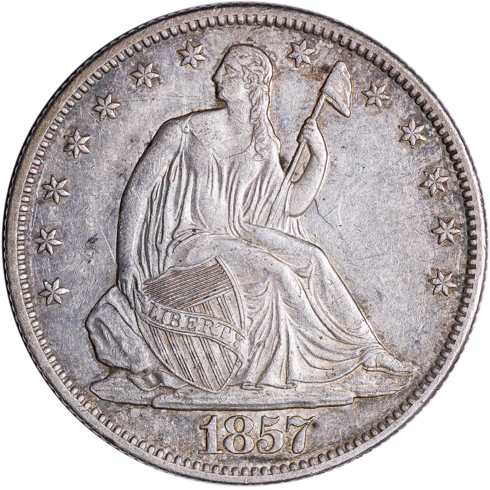 AU-50 1857-O Half Dollar: Silver-gray throughout with solid eye appeal, perhaps lightly cleaned decades ago.
