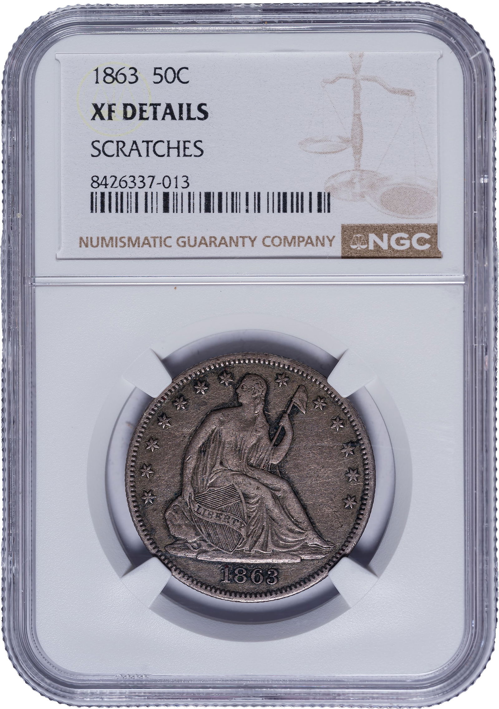 NGC EF Details 1863 Half Dollar: Scratches. Scratches faint and minimal, and defying detection with the unaided eye. Medium steel-gray with some deeper highlights. Scarce across the board.