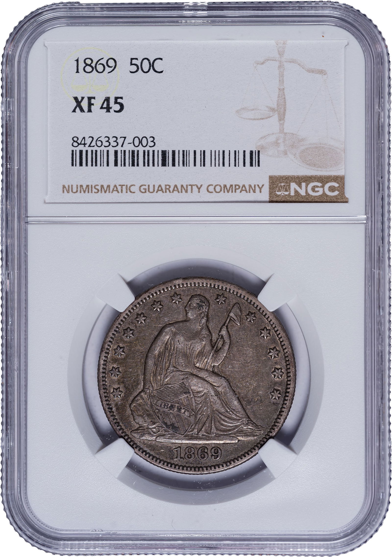 NGC EF-45 1869 Half Dollar: Even steel-gray throughout with underlying luster on essentially mark-free surfaces. Choice for the grade.