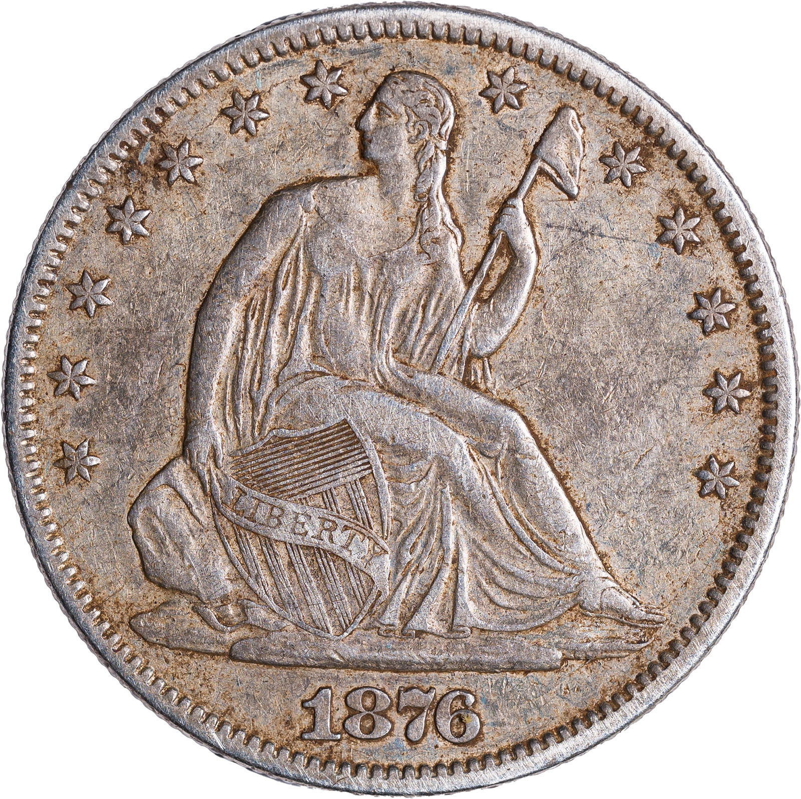 EF-40+ 1876 Half Dollar: A nice EF example, easily choice, with rich gray and neon-blue iridescence throughout, and devoid of marks of consequence.