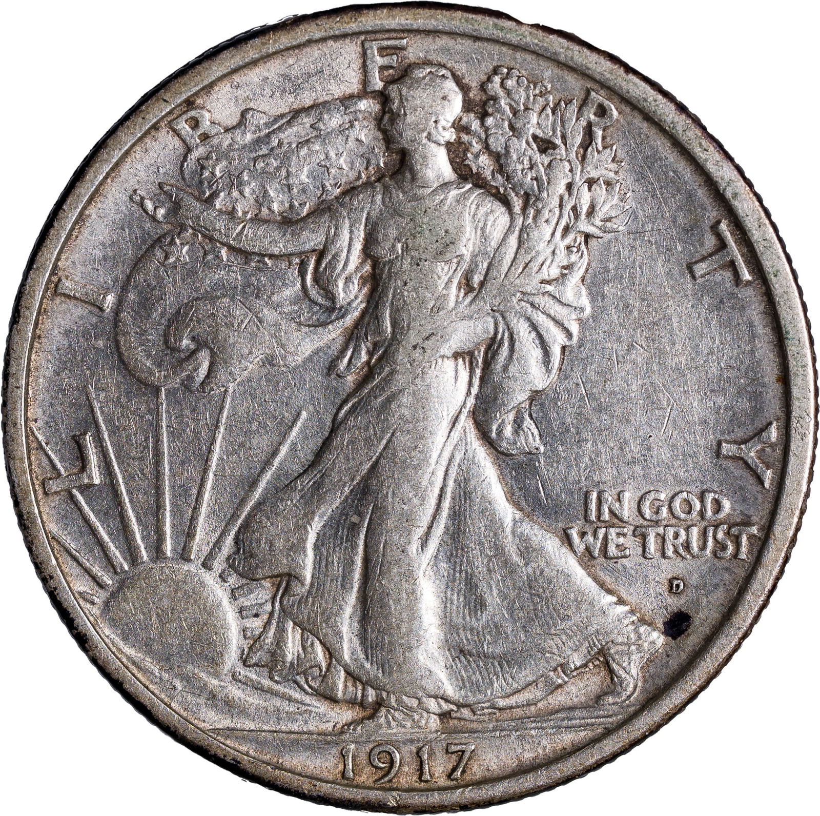 EF-40+ 1917-D Obverse Walking Liberty Half: Original with a good amount of mint luster still present.