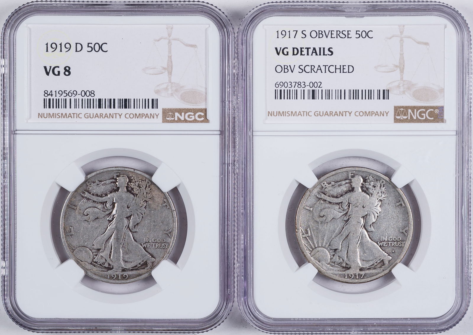 Better Date Early Walking Liberty Half Pair: Includes 1917-S Obv. NGC VG Details Scratched (any scratches are virtually unnoticeable) and an NGC VG-8 1919-D Walking Liberty Half.