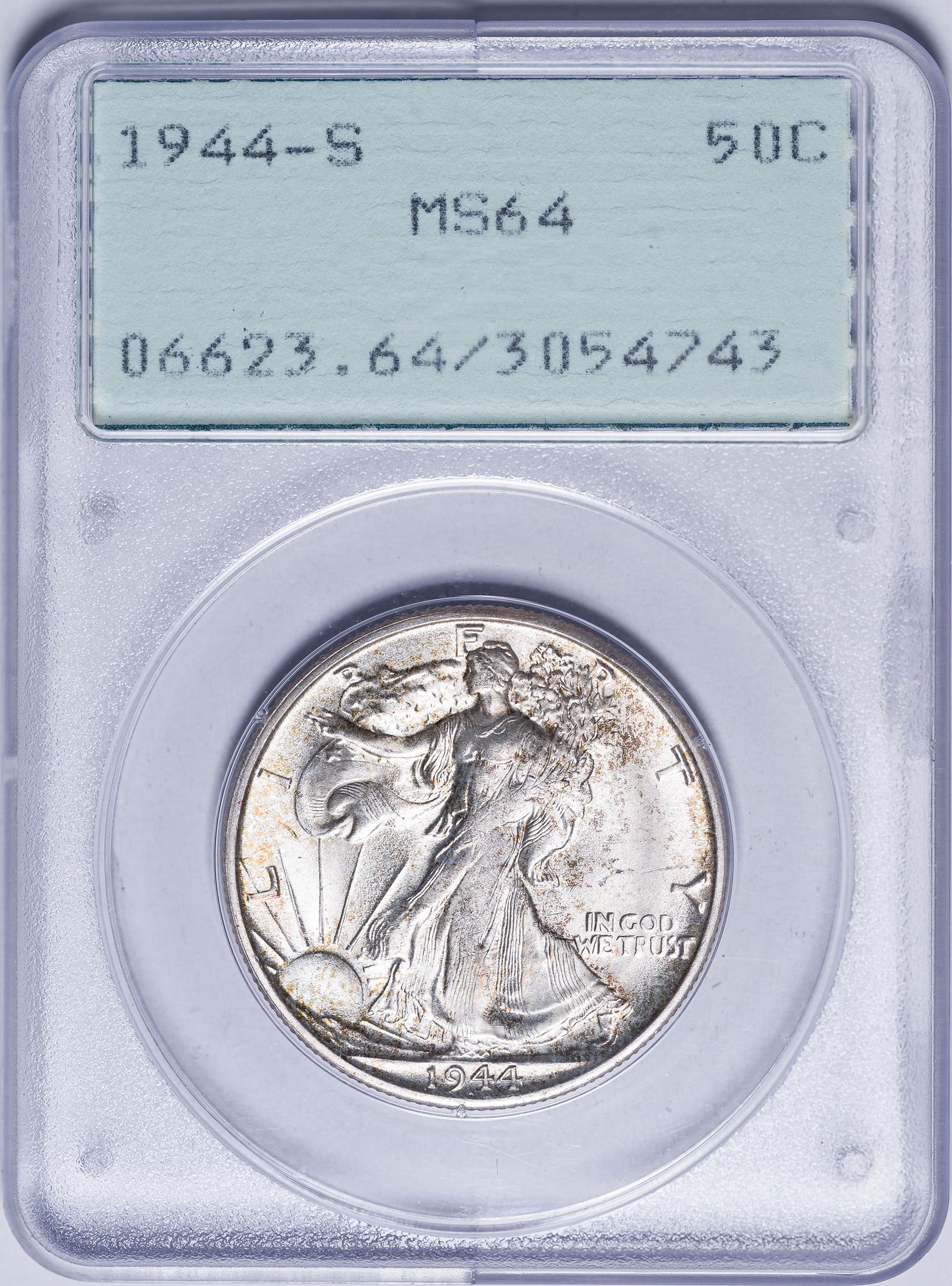 PCGS MS-64 1944-S Walking Liberty Half Dollar: Original with some lightly mottled obverse tone. Housed in an early PCGS "Rattler" holder.