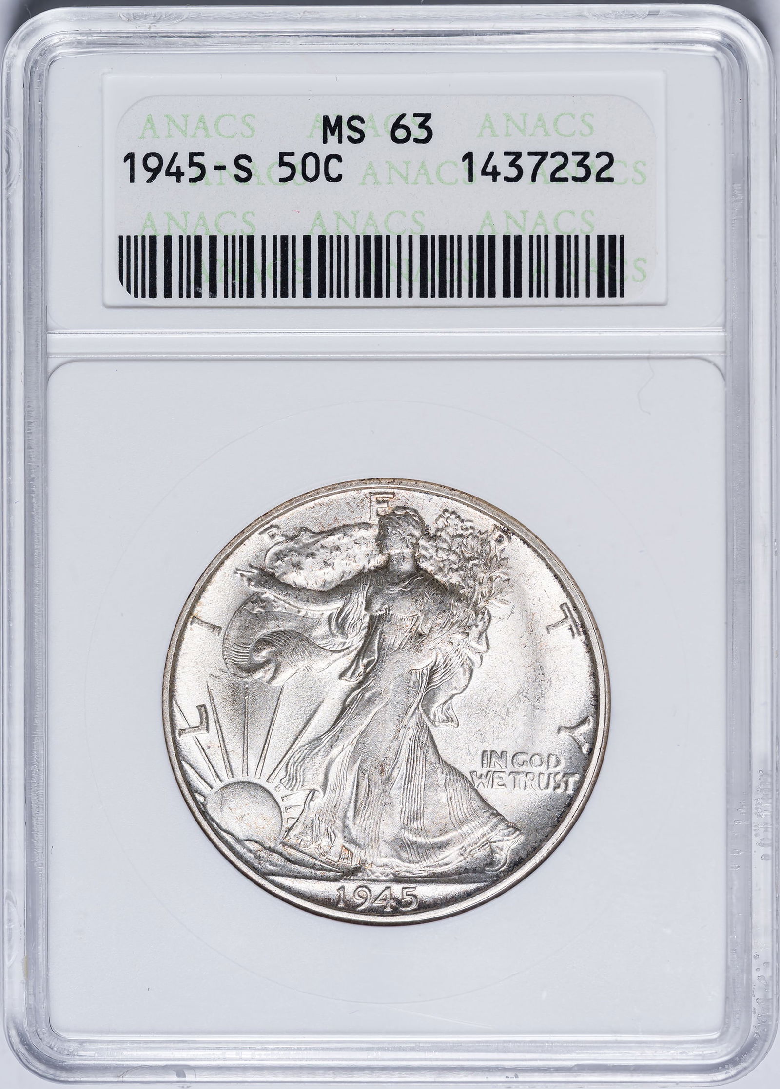 ANACS 1945-S Walking Liberty Half Dollar: Original and somewhat weakly struck at the centers as many were.