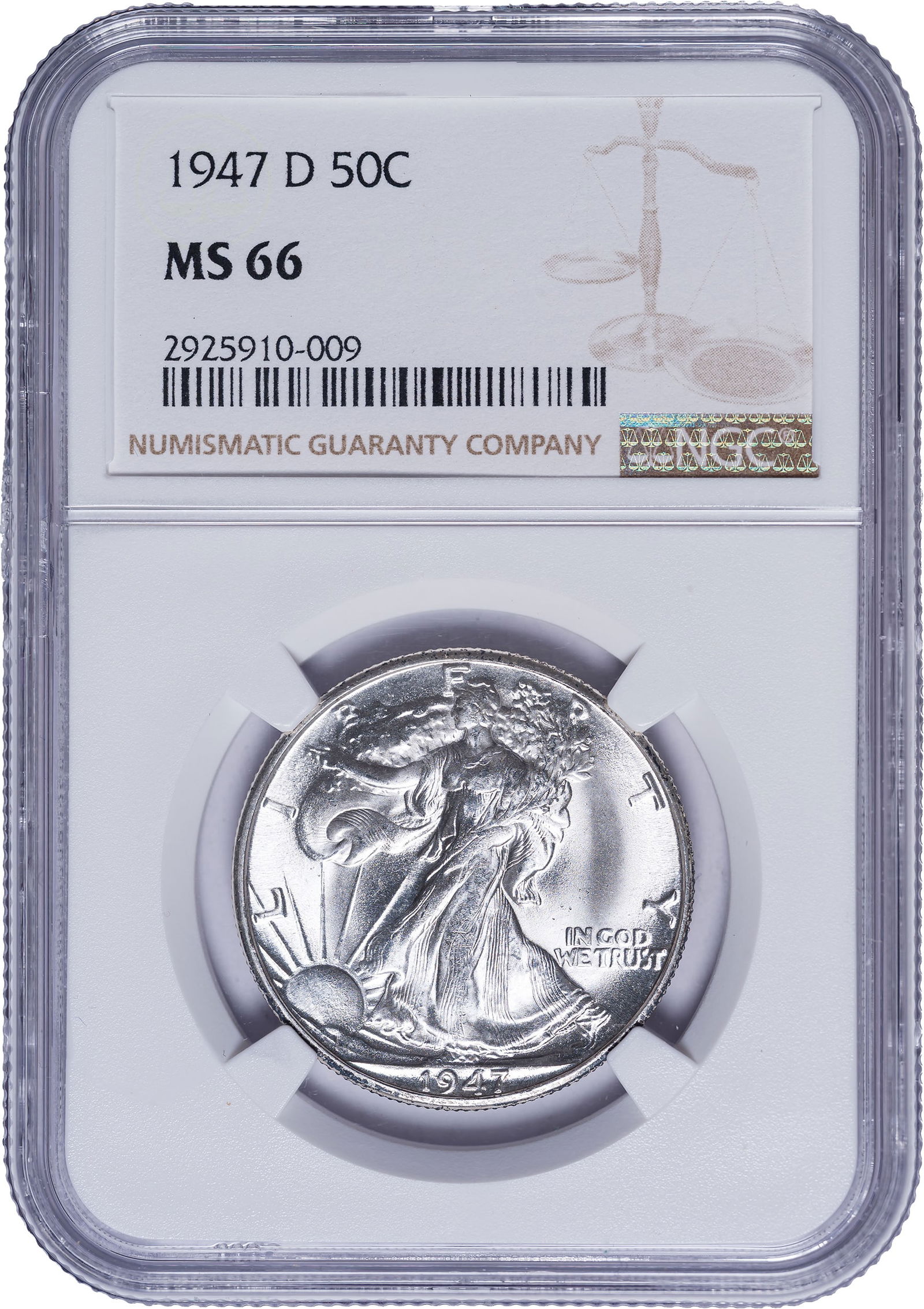 NGC MS-66 1947-D Half Dollar: A satiny, sharp, and brilliant Gem from the final year of the design type.