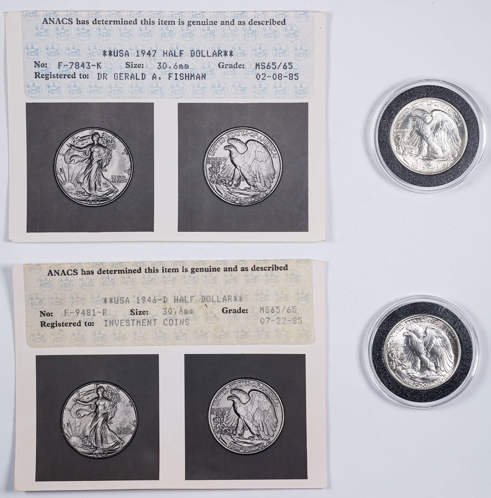 ANACS MS-65 Walking Liberty Half Pair - 2