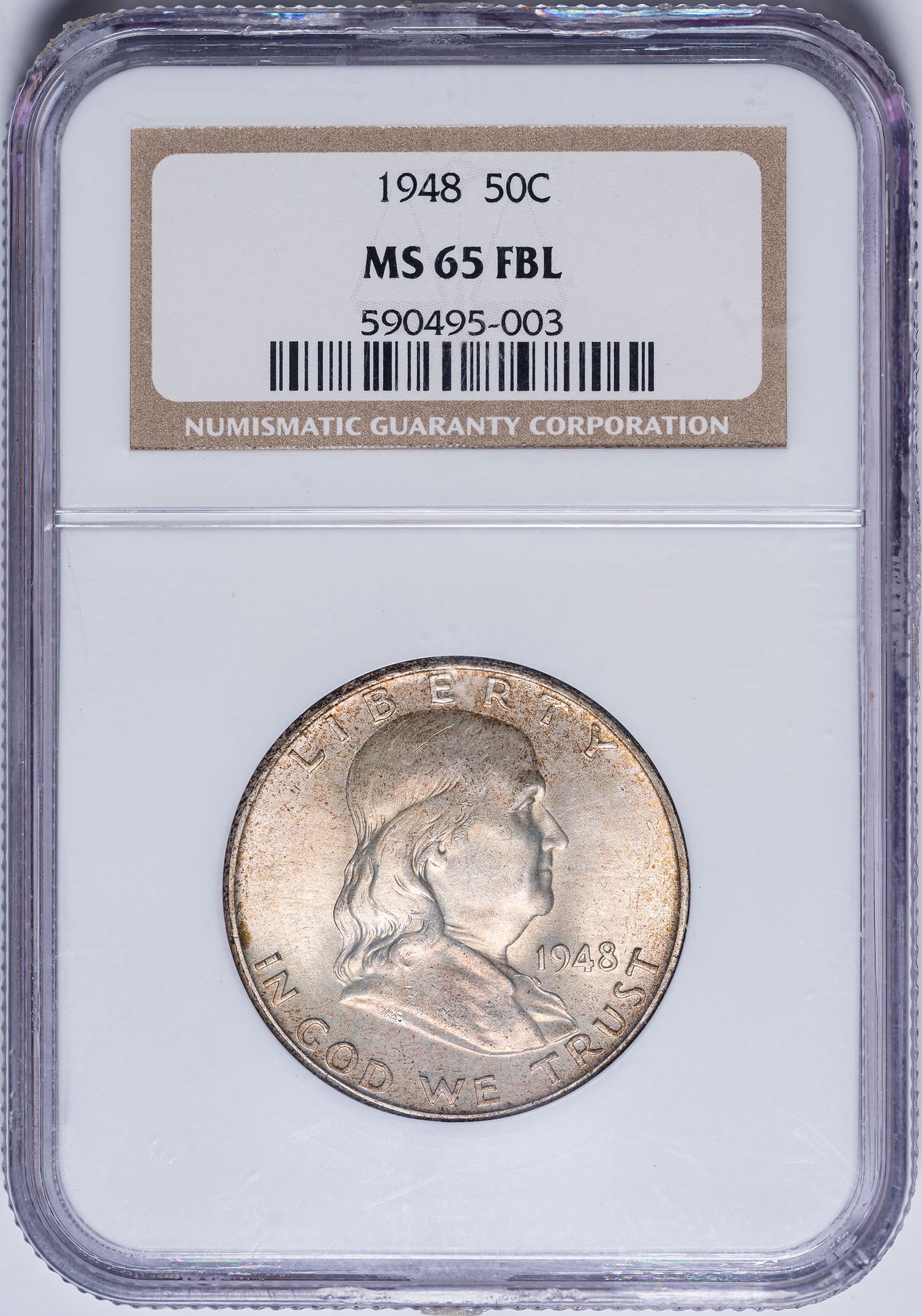 NGC MS-65 FBL 1948 Franklin Half Dollar: Lightly toned on the obverse with the reverse showing a deeper tone. Possibly an ex mint set coin.