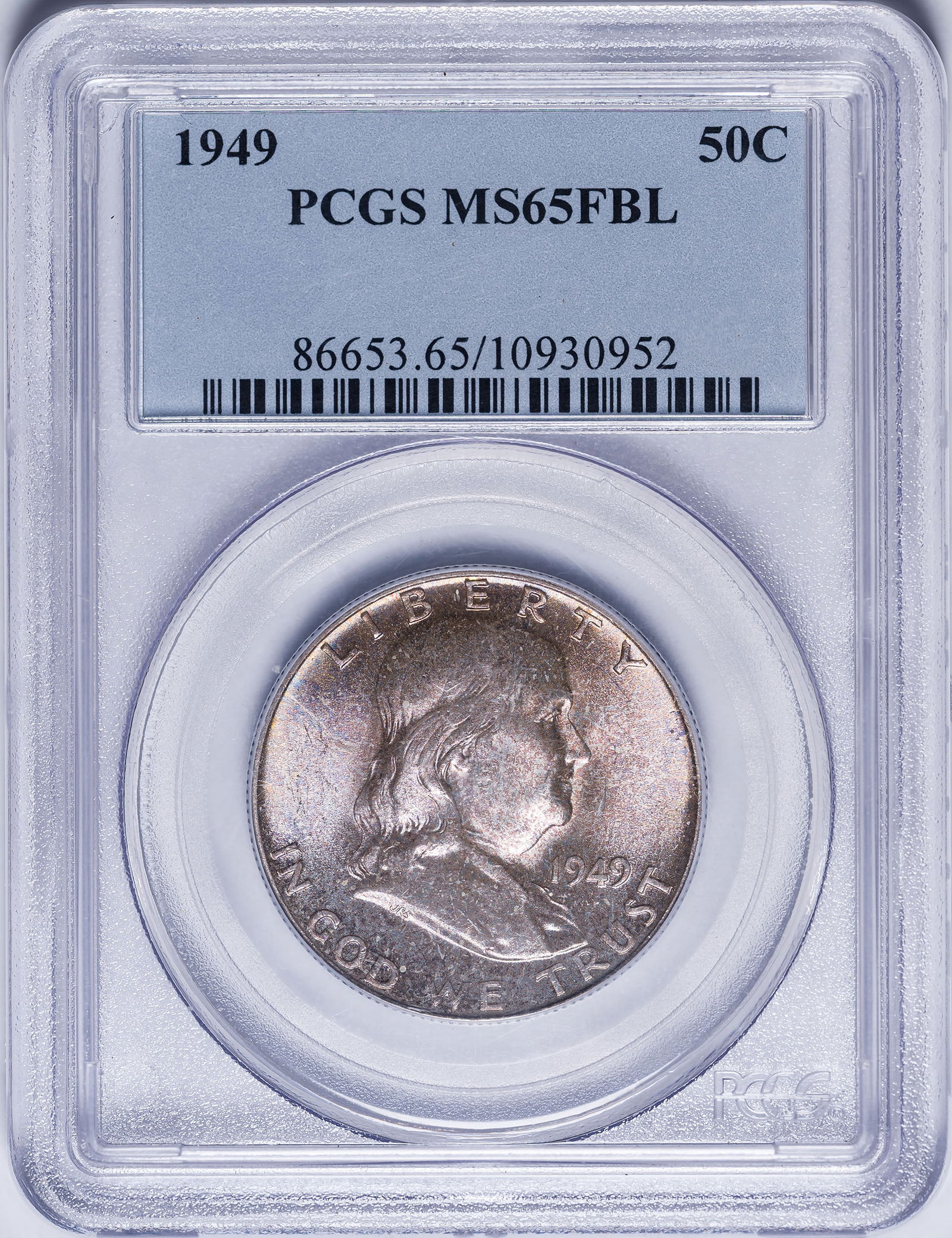 PCGS MS-65 FBL 1949 Franklin Half Dollar: Shows a deep reverse tone with some iridescence.
