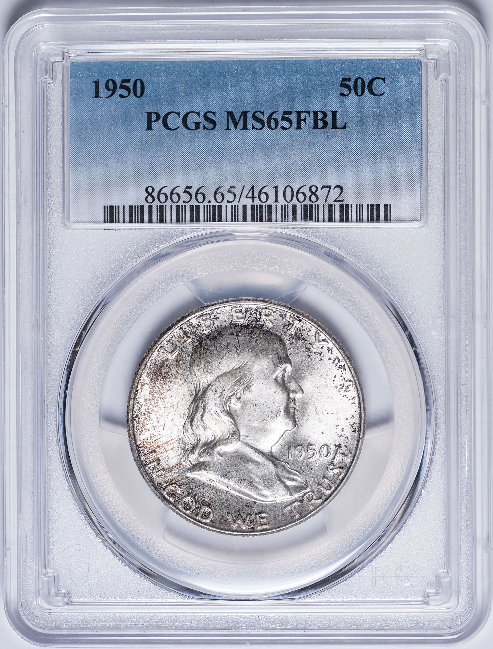 PCGS 1950 MS-65 FBL Franklin Half Dollar: A satiny gem with some lightly mottled tone.