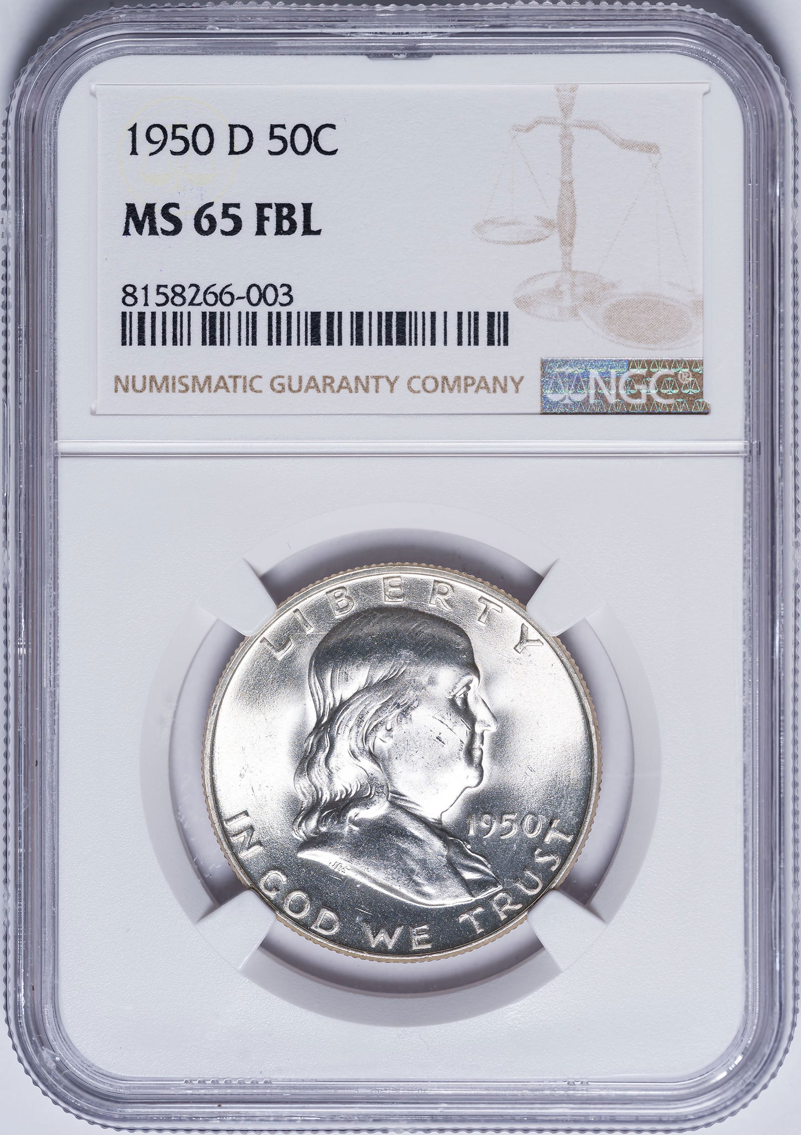 NGC 1950-D MS-65 FBL Franklin Half Dollar: Brilliant white.