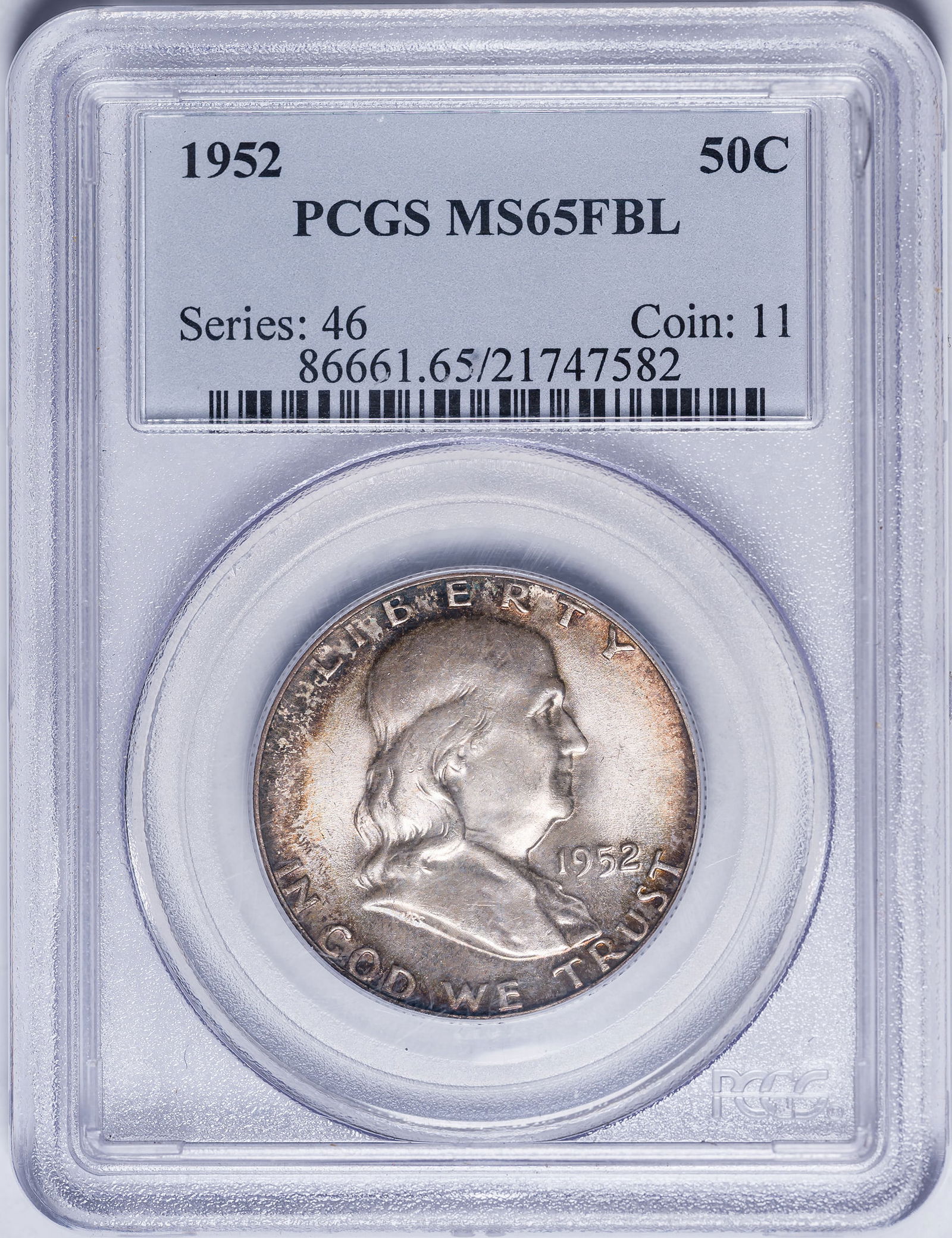 PCGS MS-65 FBL 1952 Franklin Half Dollar: Shows some deep peripheral tone.
