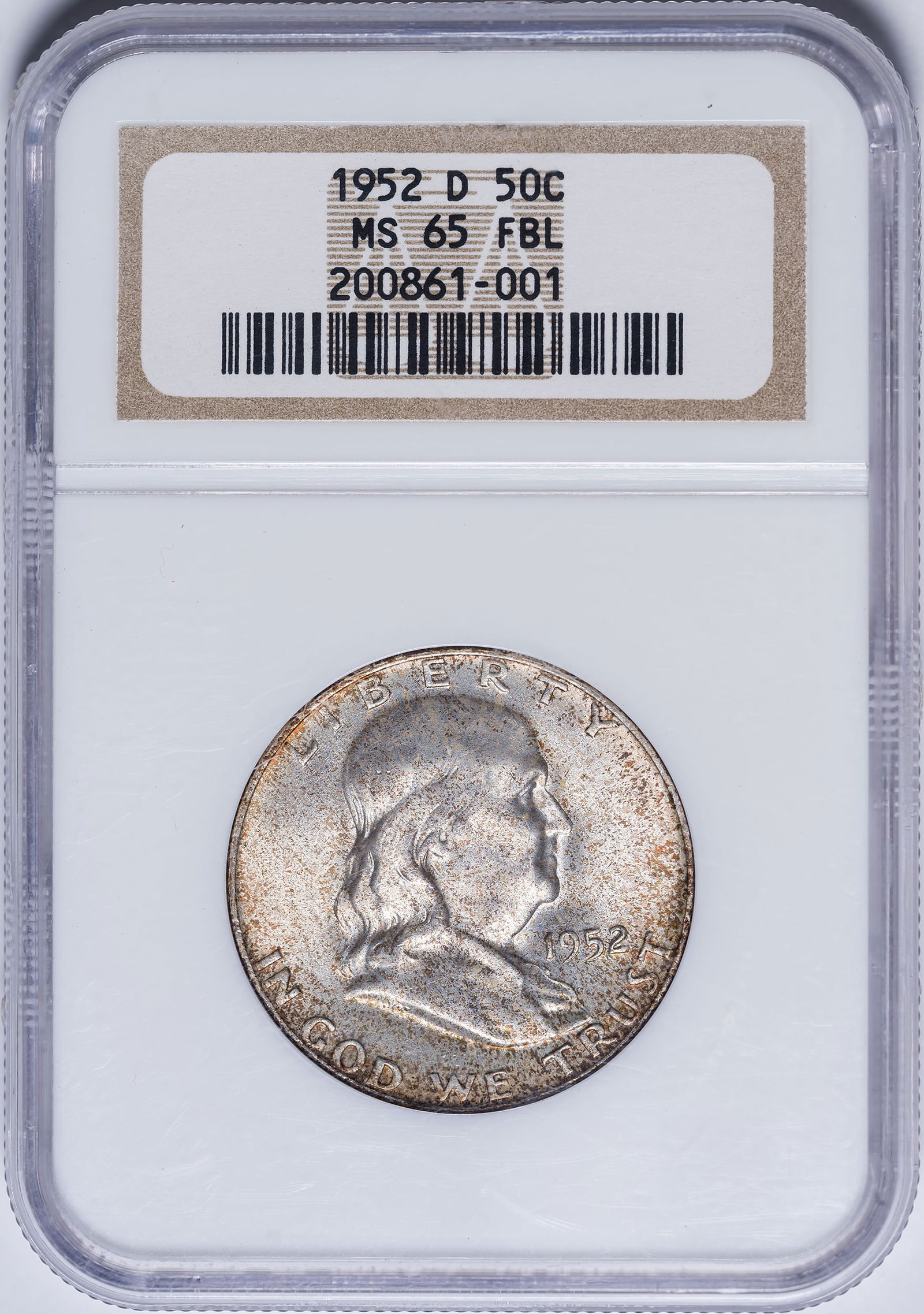 NGC MS-65 FBL 1952-D Franklin Half Dollar: Light to moderately toned. Probably taken from an original mint set.