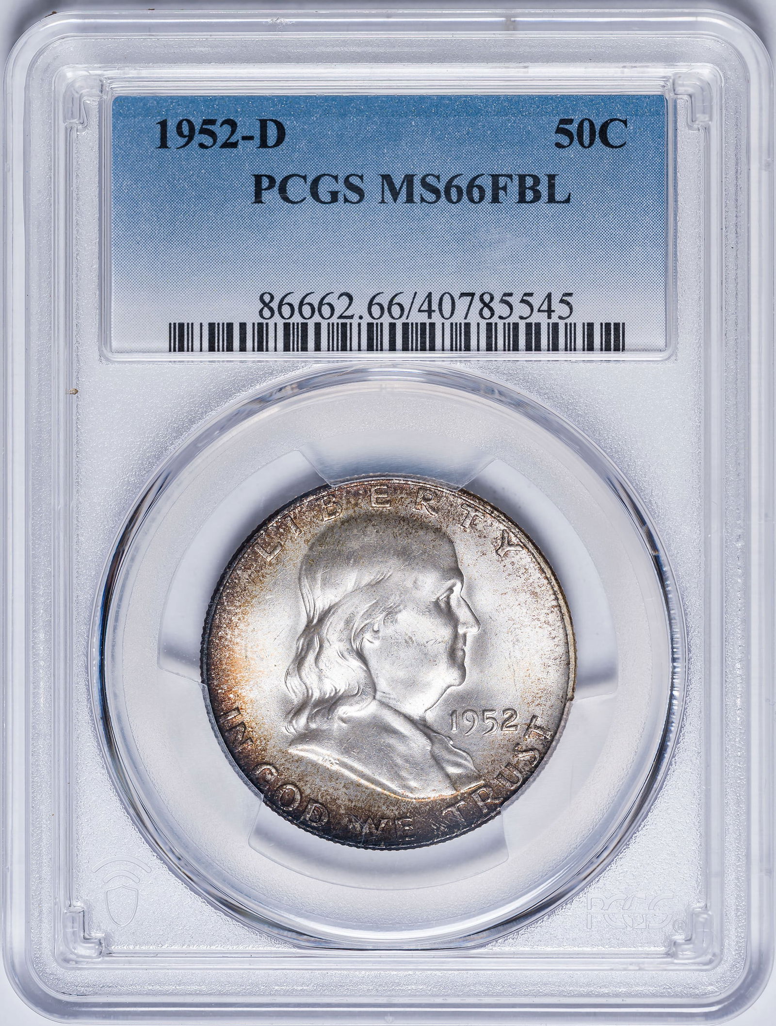 PCGS MS-66 FBL 1952-D Franklin Half Dollar: A premium gem that's deeply toned on the obverse rims.
