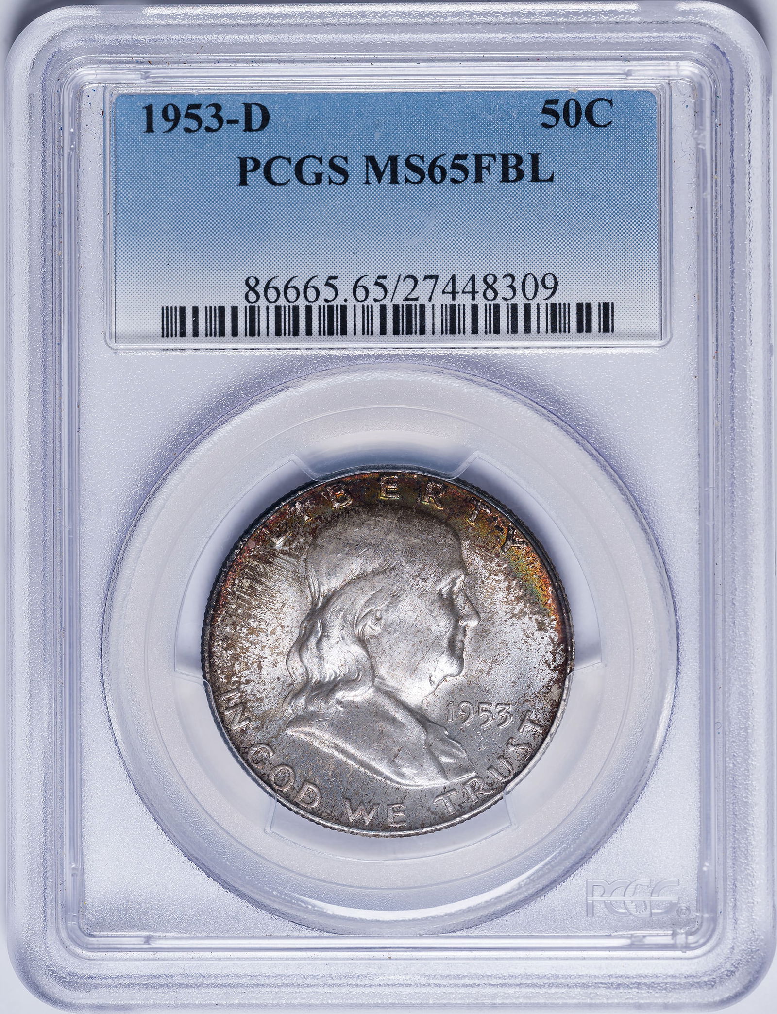 PCGS MS-65 FBL 1953-D Franklin Half Dollar: An original gem that shows some deep toning at the edges. Probably taken from an original mint set.