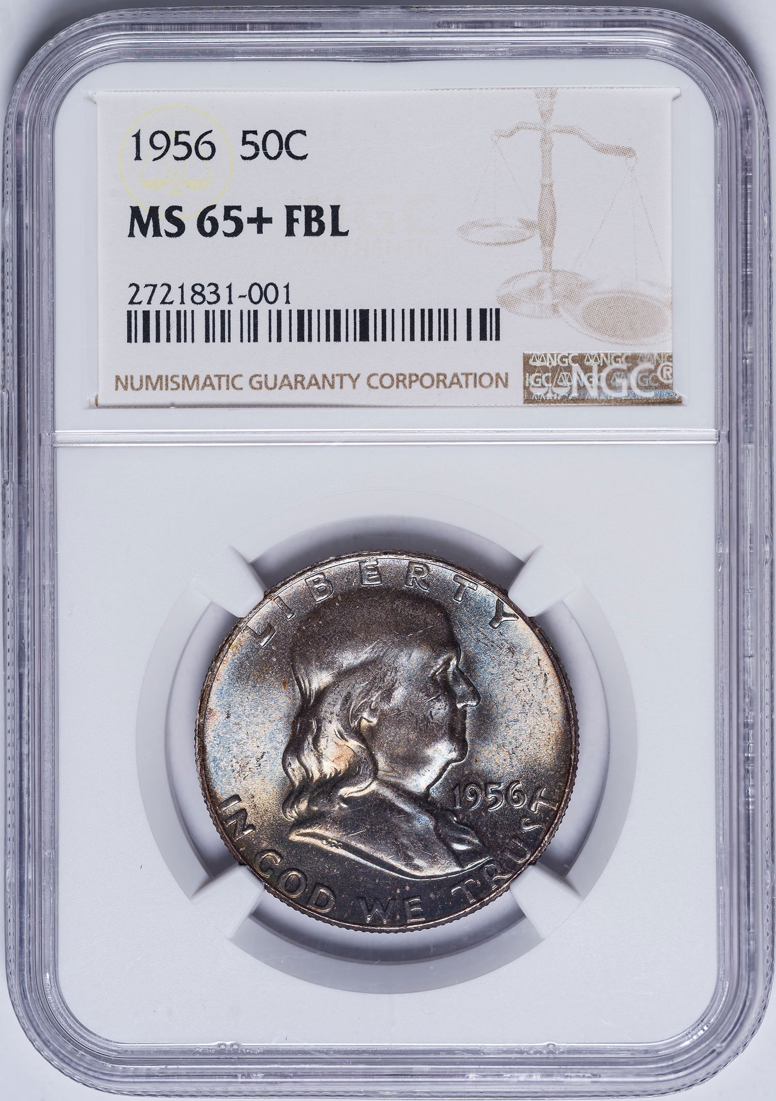 NGC MS-65+ FBL 1956 Franklin Half Dollar: Shows a deep iridescent obverse tone. Probably taken from an original mint set.