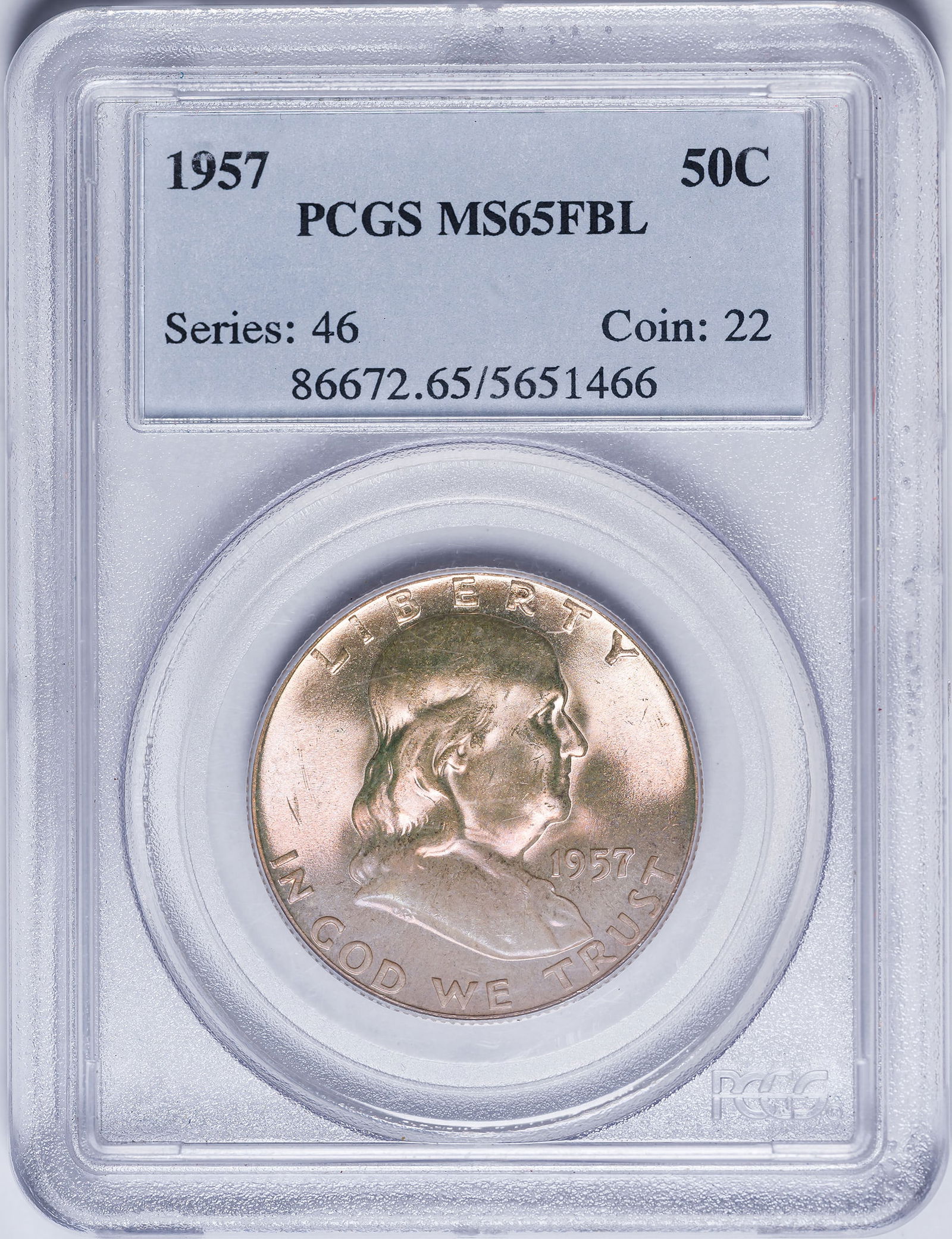 PCGS MS-65 FBL 1957 Franklin Half Dollar: Exhibits a pinkish golden tone.