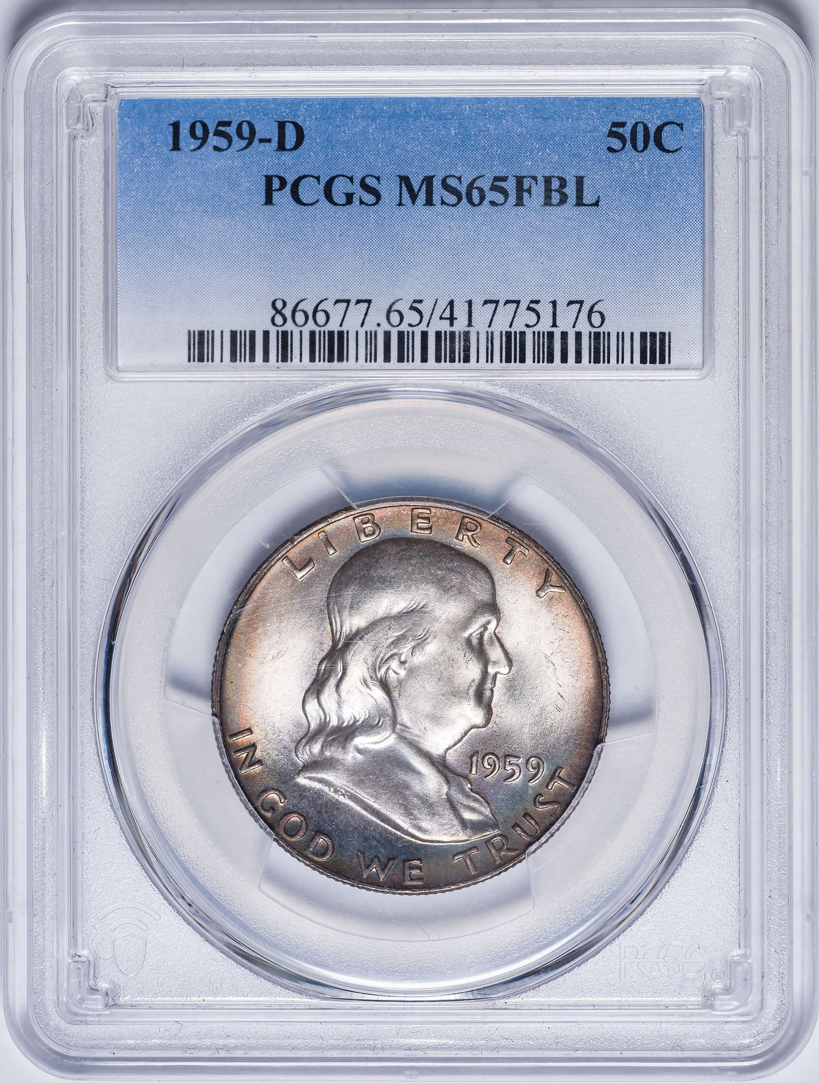 PCGS MS-65 FBL 1959-D Franklin Half Dollar: A light to moderately toned gem.