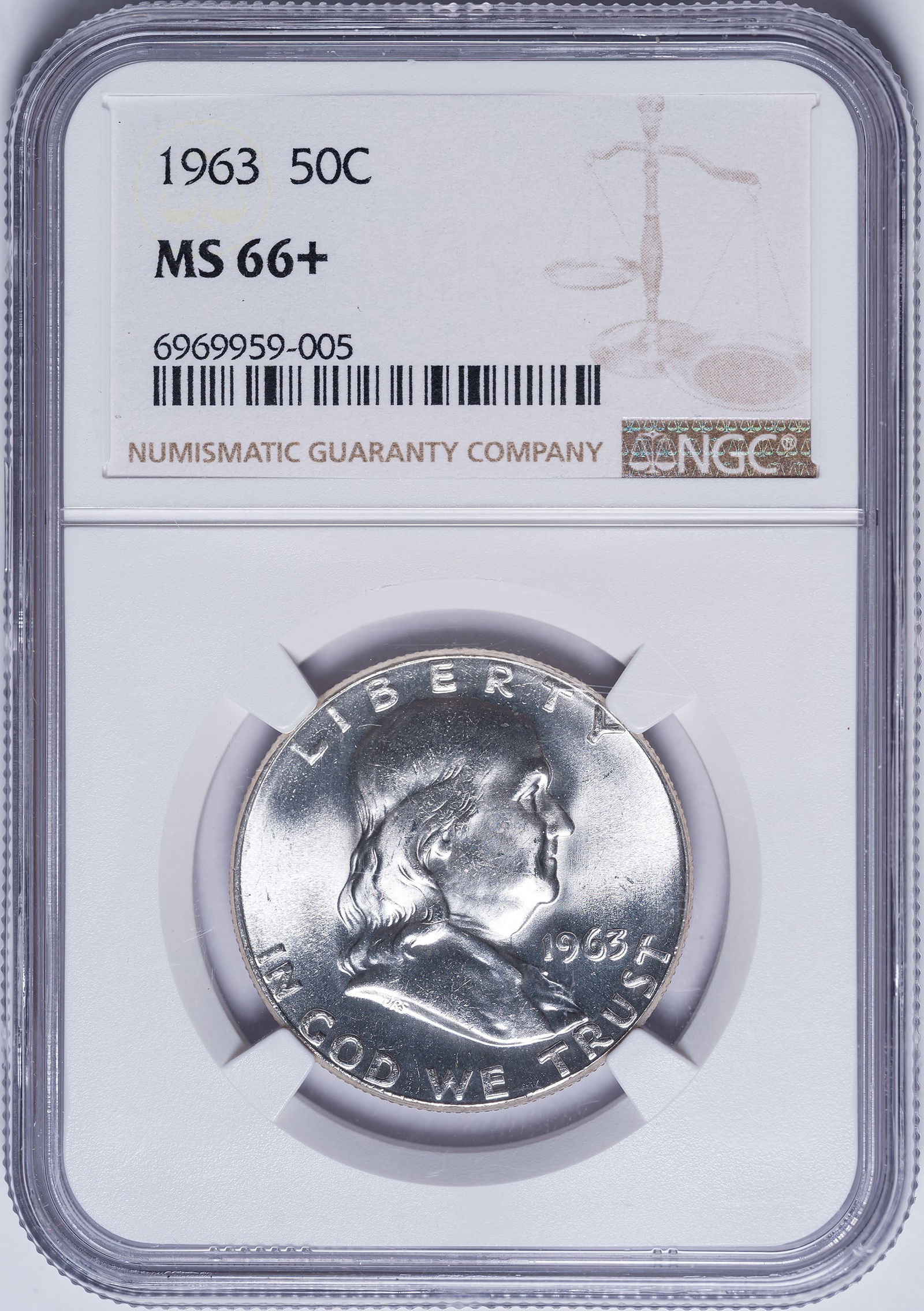 NGC MS-66+ 1963 Franklin Half Dollar: Brilliant white. You can expect to pay $2,000+ for an MS-67 if you could locate one!