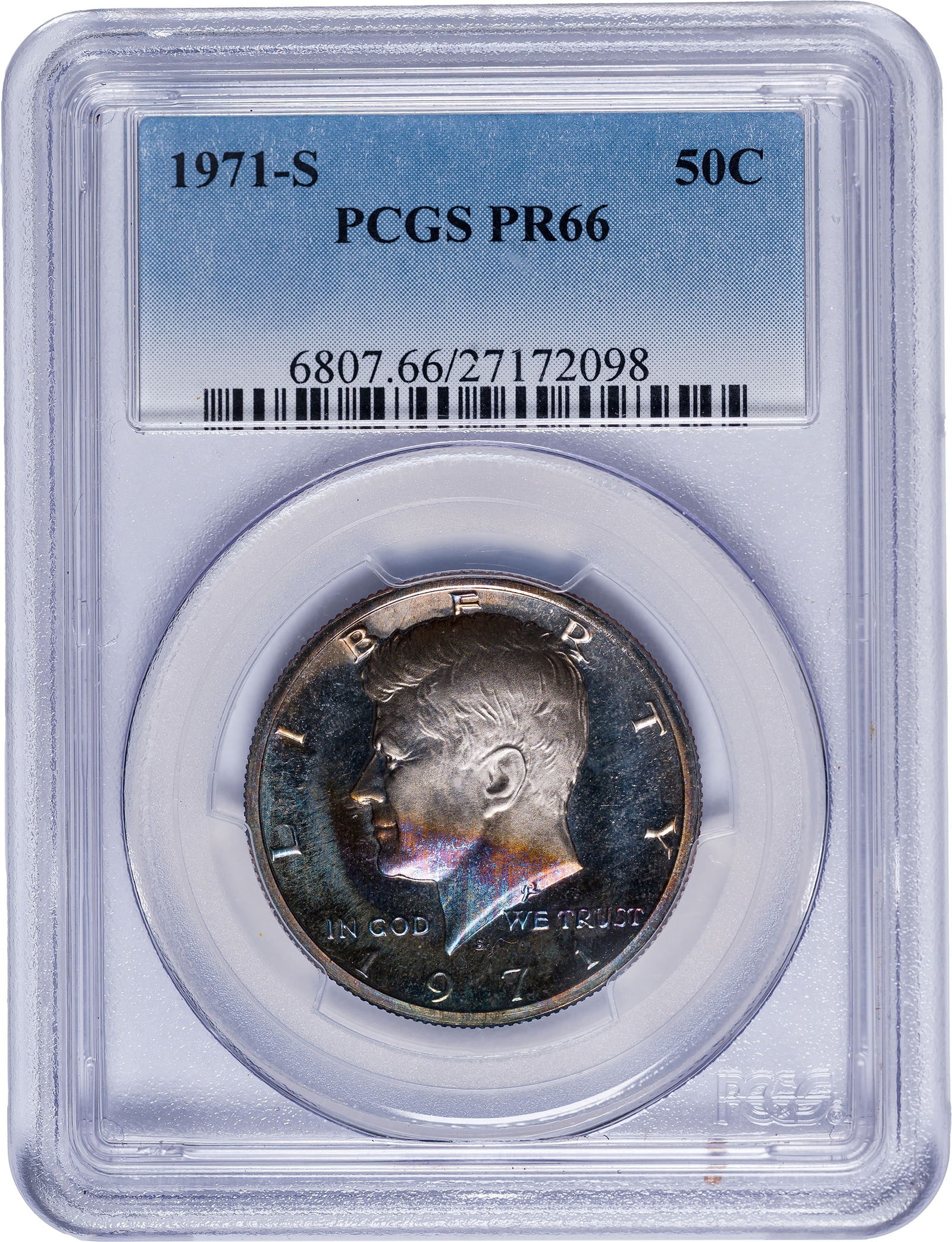 PCGS Proof-66 1971-S Kennedy Half Dollar: Splendid reflective surfaces exhibit a wealth of rainbow toning on both sides.