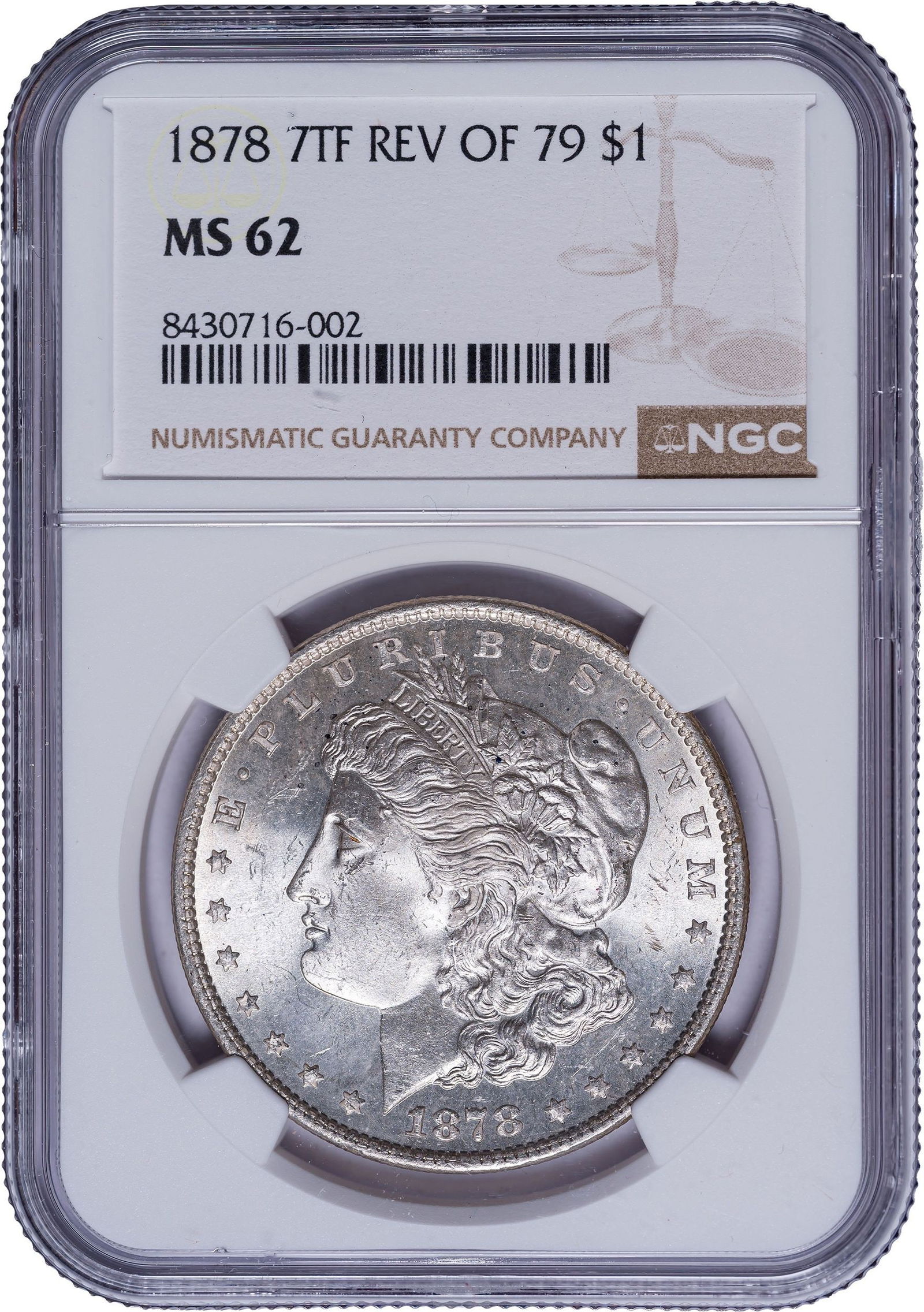 NGC MS-62 1878 7TF Morgan Dollar: Reverse of '79, Slanted Arrow Feather. Frosty and boldly lustrous, slightly finer than the assigned grade to our eyes.