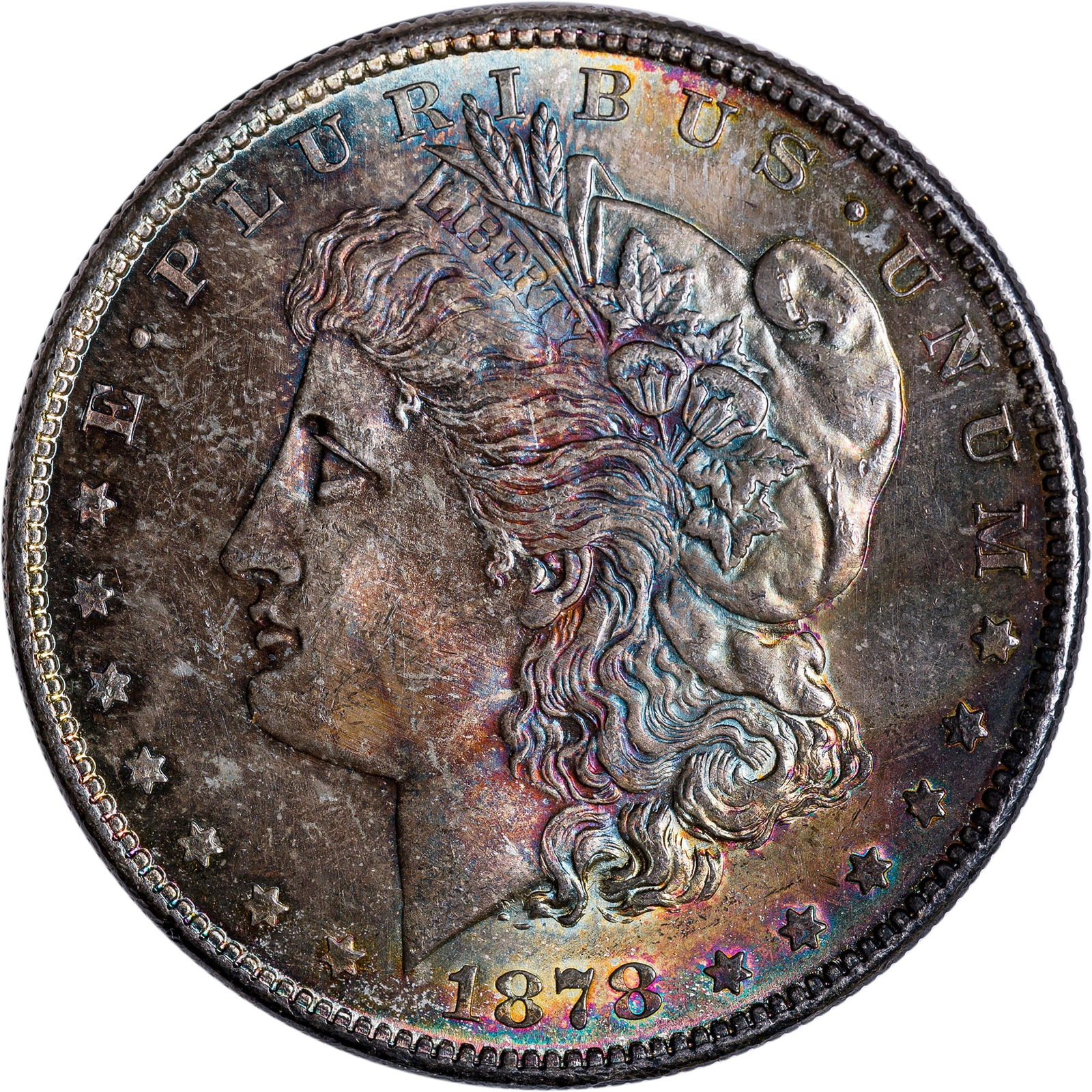 Choice BU-64 Details Multi Colored 1878-S Morgan: Shows a light obverse wipe but also shows a lovely multi colored tone of blues, greens, golds and more.
