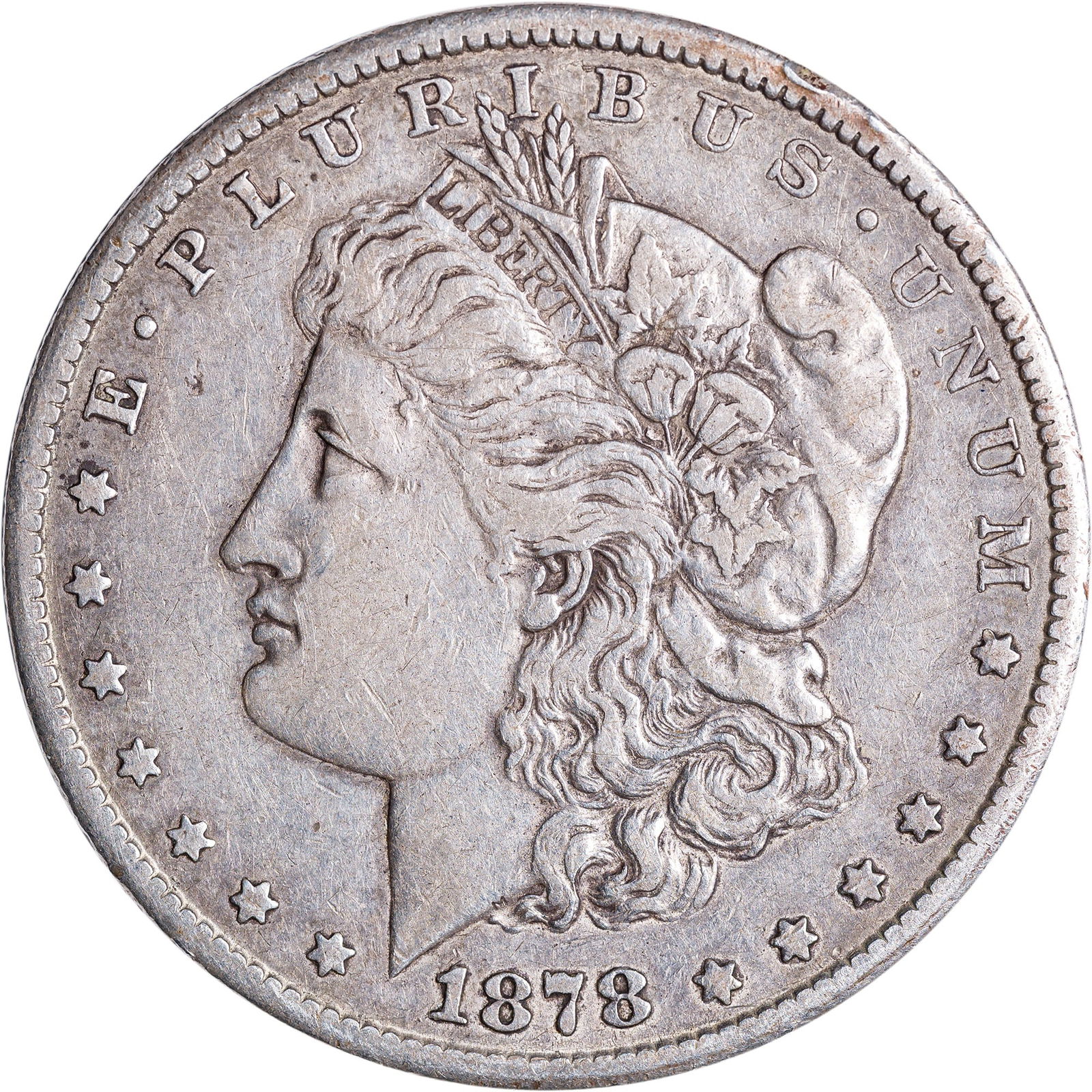 VF-20 1878-CC Morgan Dollar: Medium silver-gray, evenly worn, faint obverse scratches noted.